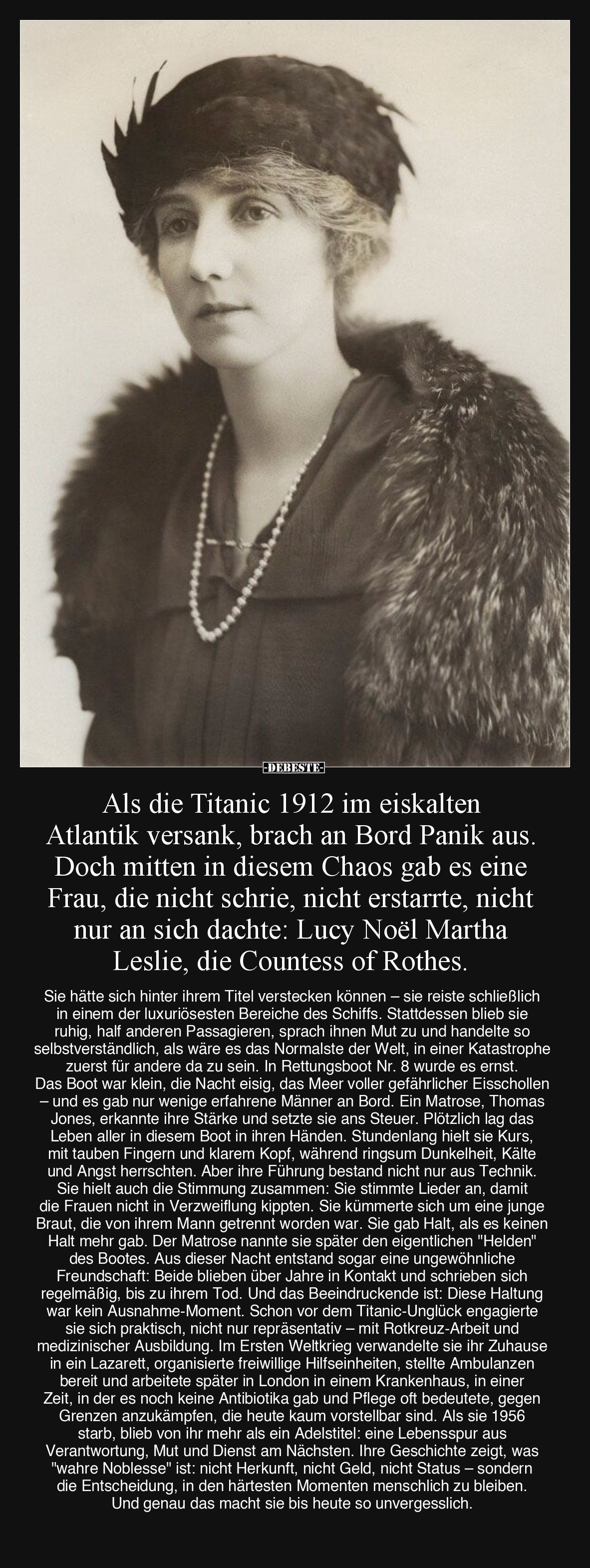 Als die Titanic 1912 im eiskalten Atlantik versank, brach an Bord Panik aus. Doch mitten in diesem Chaos gab es eine Frau, di...
