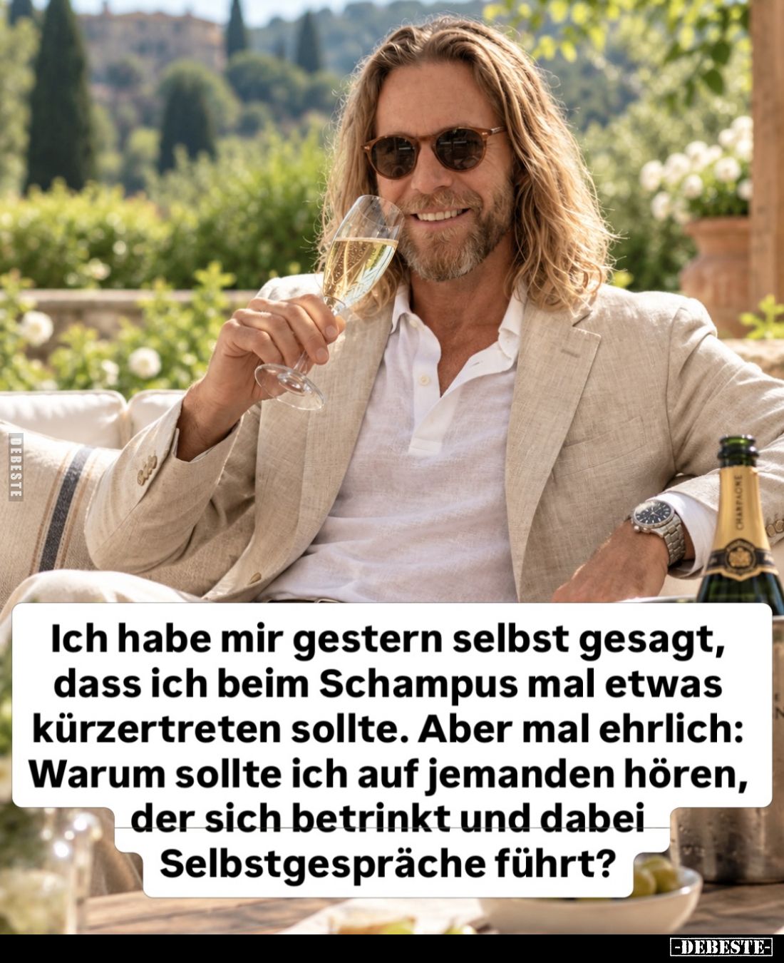 Ich habe mir gestern selbst gesagt, dass ich beim Schampus mal etwas kürzertreten sollte. Aber mal ehrlich: Warum sollte ich ...