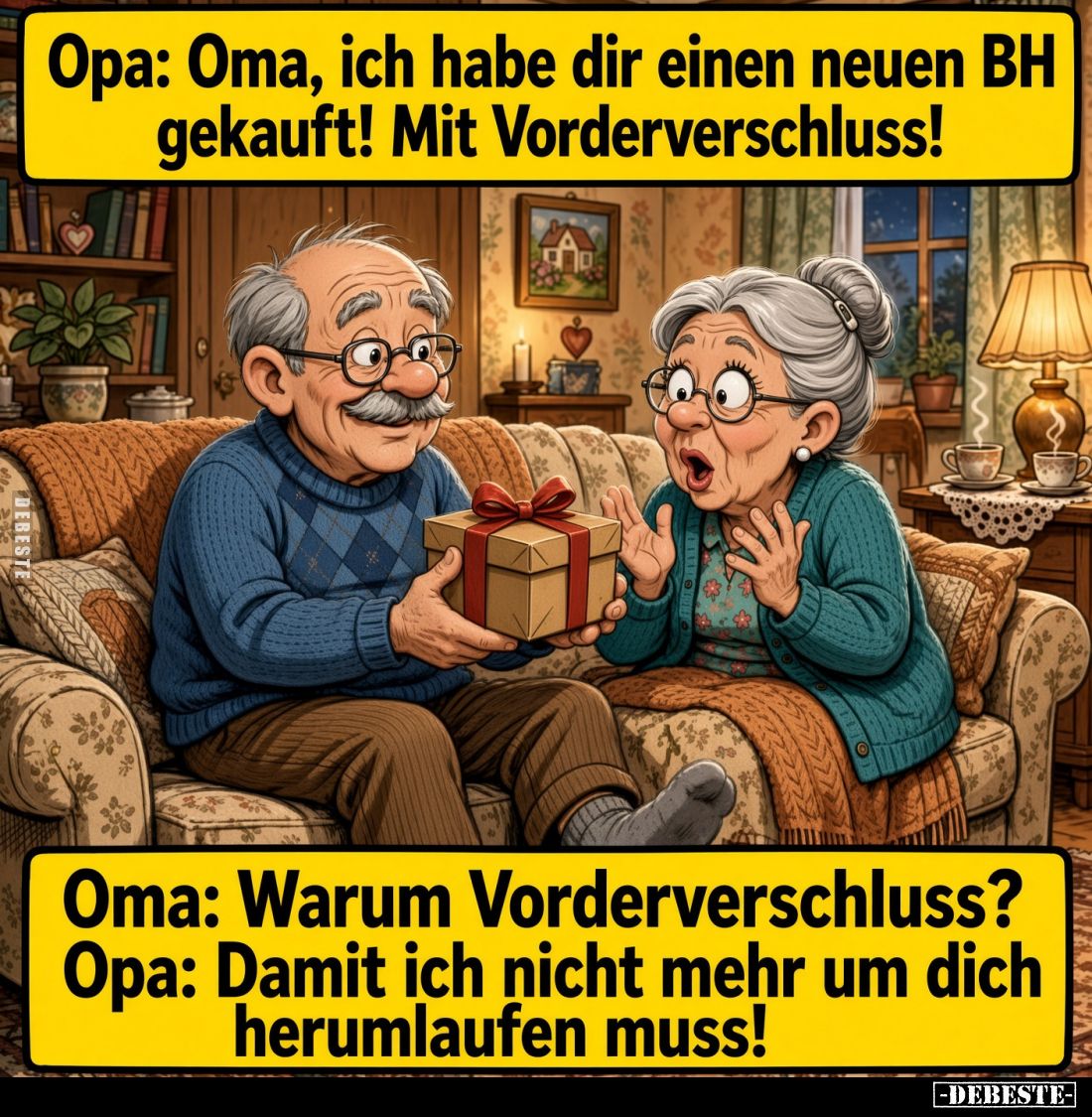 Opa: Oma, ich habe dir einen neuen BH gekauft! Mit Vorderverschluss!
Oma: Warum Vorderverschluss?
Opa: Damit ich nicht mehr...