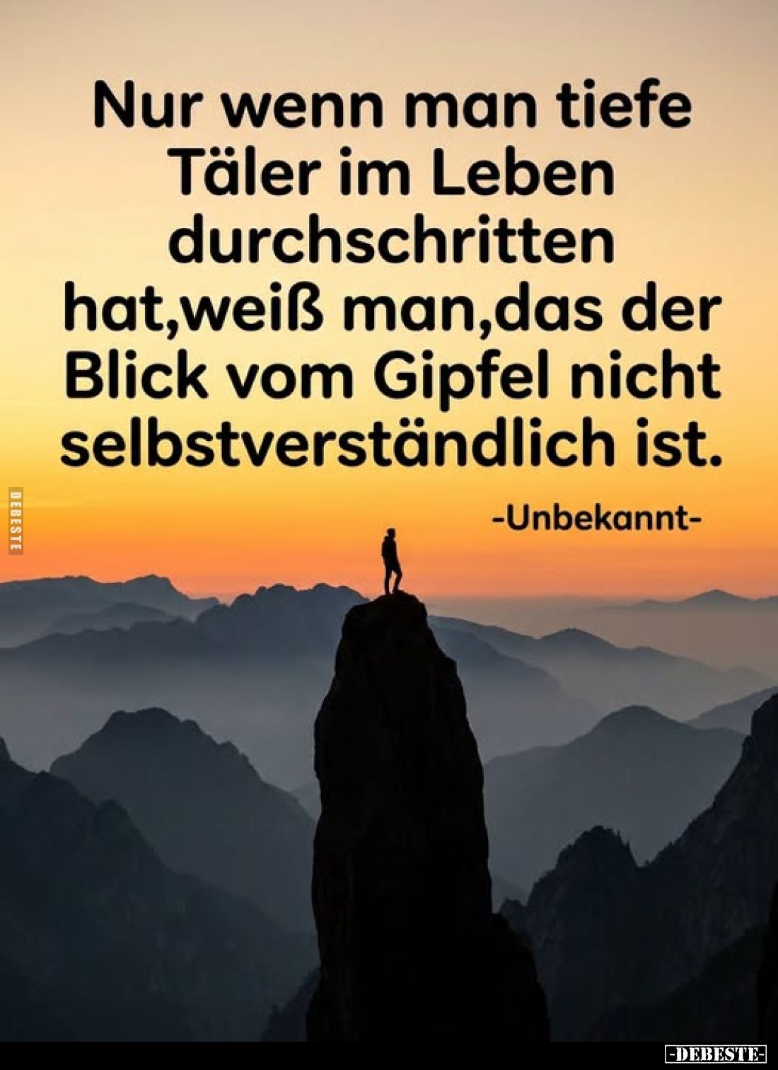 Nur wenn man tiefe Täler im Leben durchschritten hat, weiß man, das der Blick vom Gipfel nicht selbstverständlich ist.

-Un...