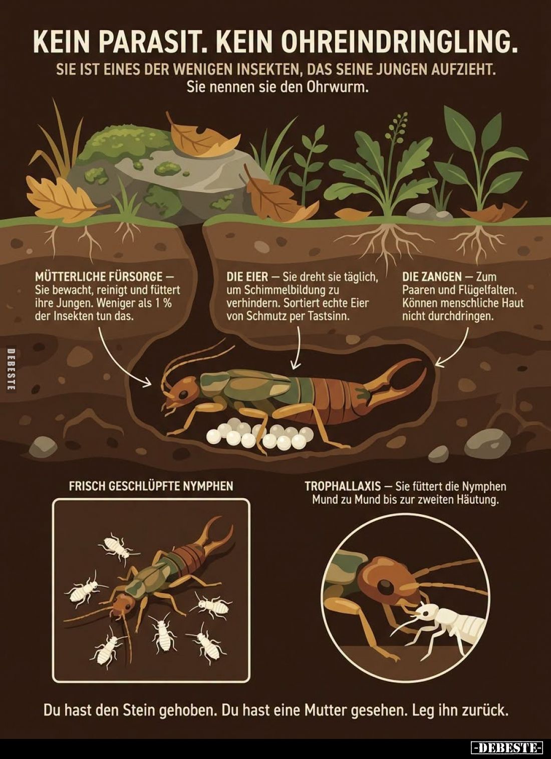 Kein Parasit. Kein Ohreindringling.
Sie ist eines der wenigen Insekten, das seine jungen aufzieht. Sie nennen sie den Ohrwur...
