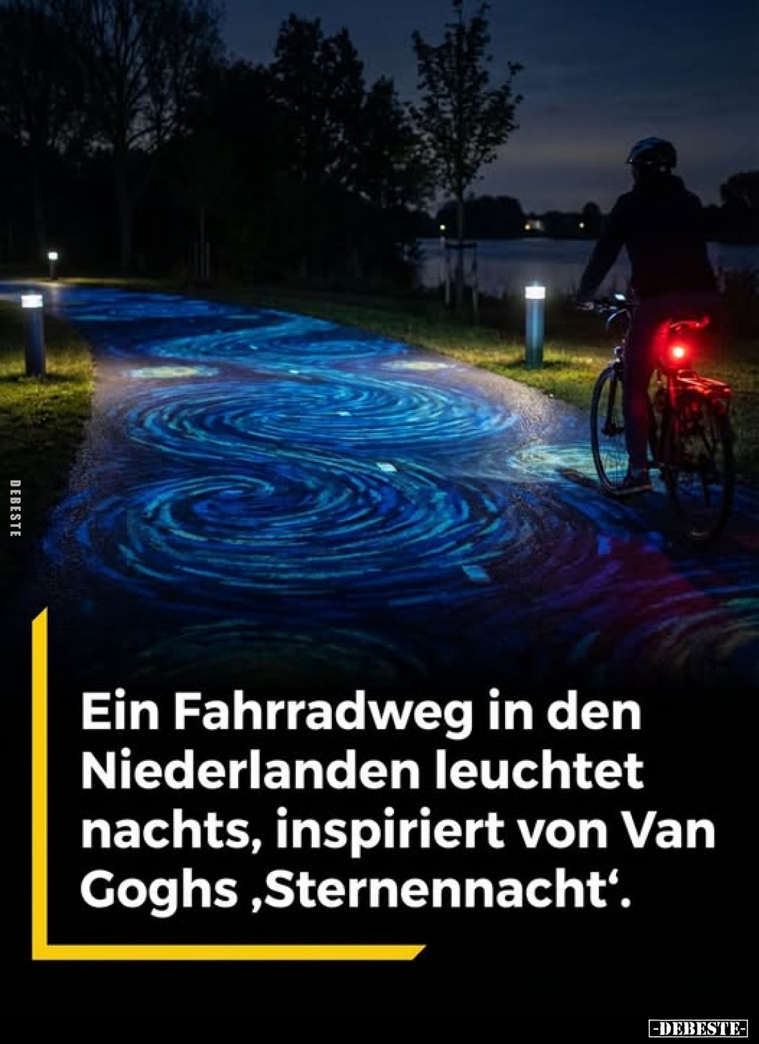 Ein Fahrradweg in den Niederlanden leuchtet nachts, inspiriert von Van Goghs, ,Sternennacht'.