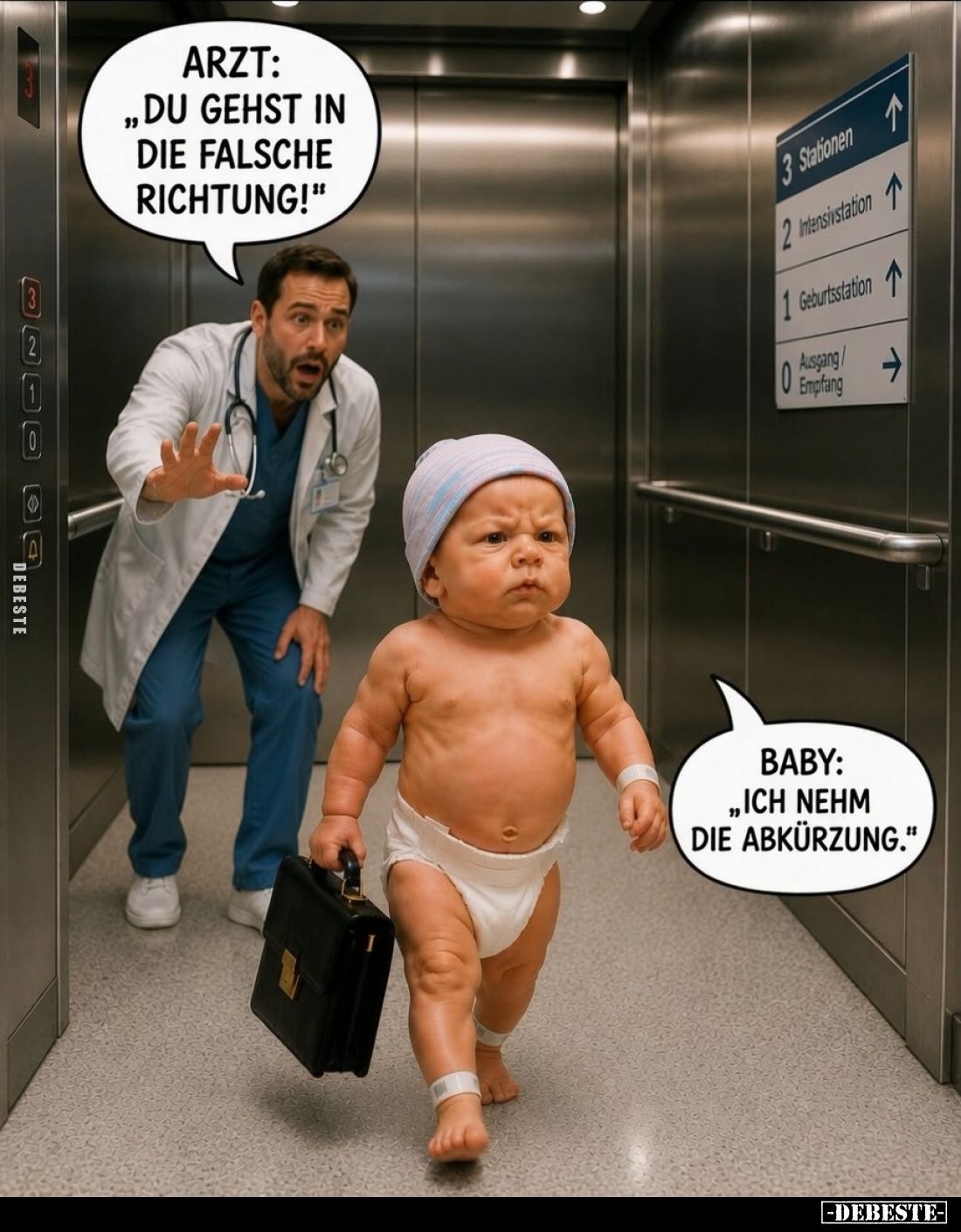 Arzt:
"Du gehst in die falsche Richtung!" -
Baby:
"Ich nehm die Abkürzung."