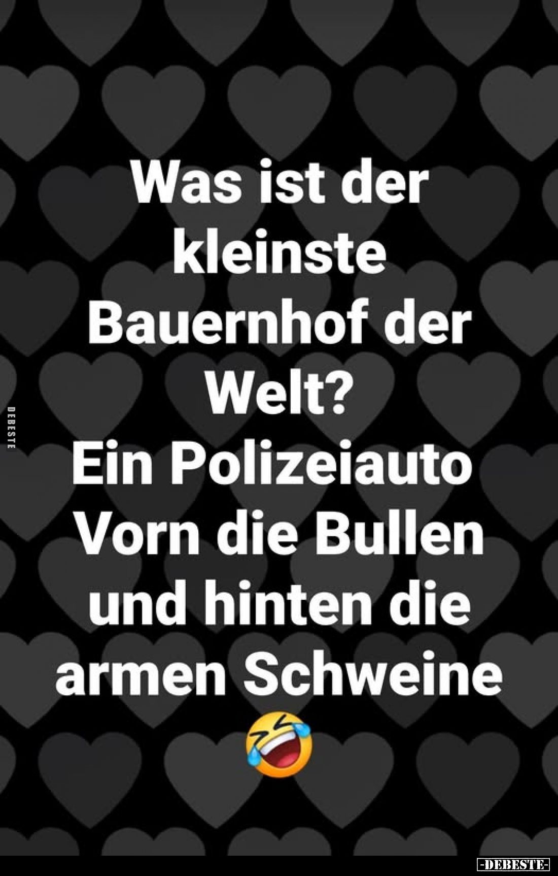 Was ist der kleinste Bauernhof der Welt? Ein Polizeiauto Vorn die Bullen und hinten die armen Schweine