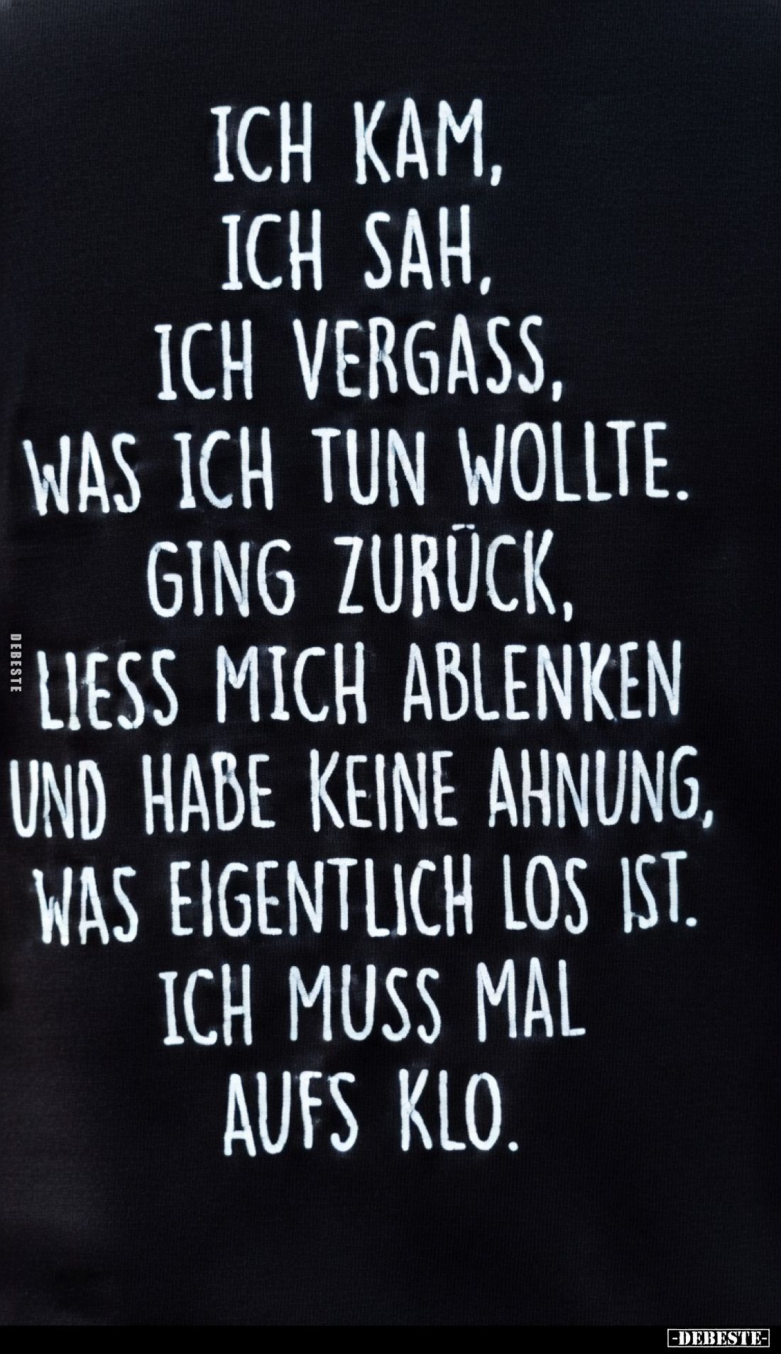 Ich kam,
ich sah,
ich vergass,
was ich tun wollte.
Ging zurück,
liess mich ablenken
und habe keine Ahnung,
was eigentl...