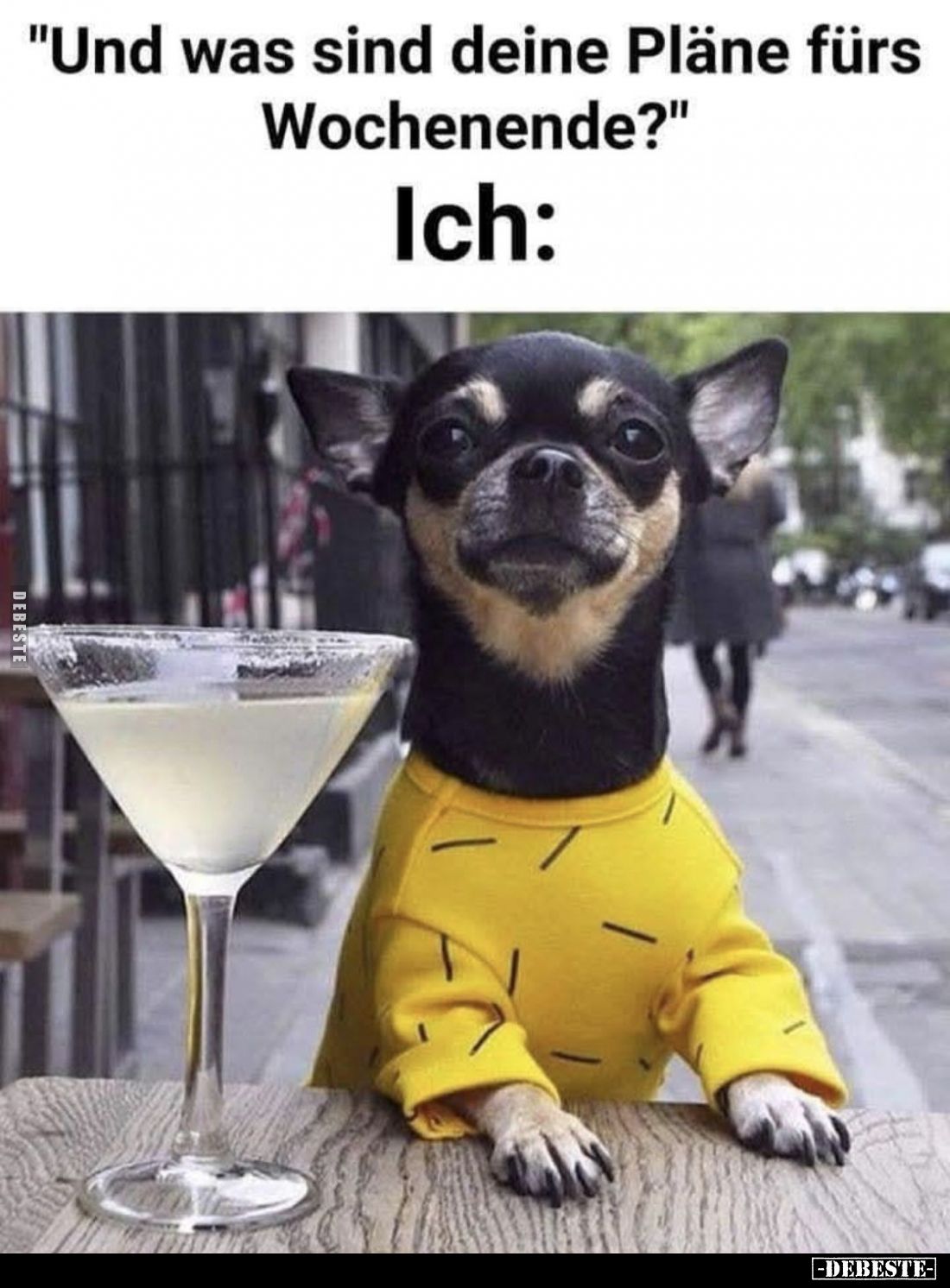 "Und was sind deine Pläne fürs Wochenende?"
Ich: