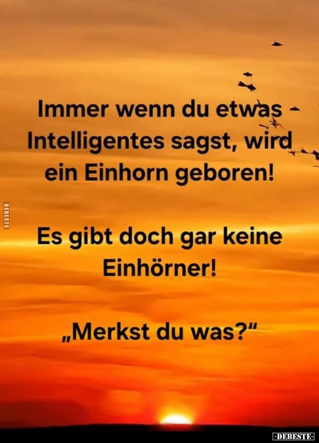 Immer wenn du etwas Intelligentes sagst, wird ein Einhorn geboren!
Es gibt doch gar keine Einhörner!
„Merkst du was?"