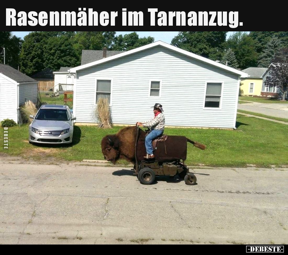 Rasenmäher im Tarnanzug.