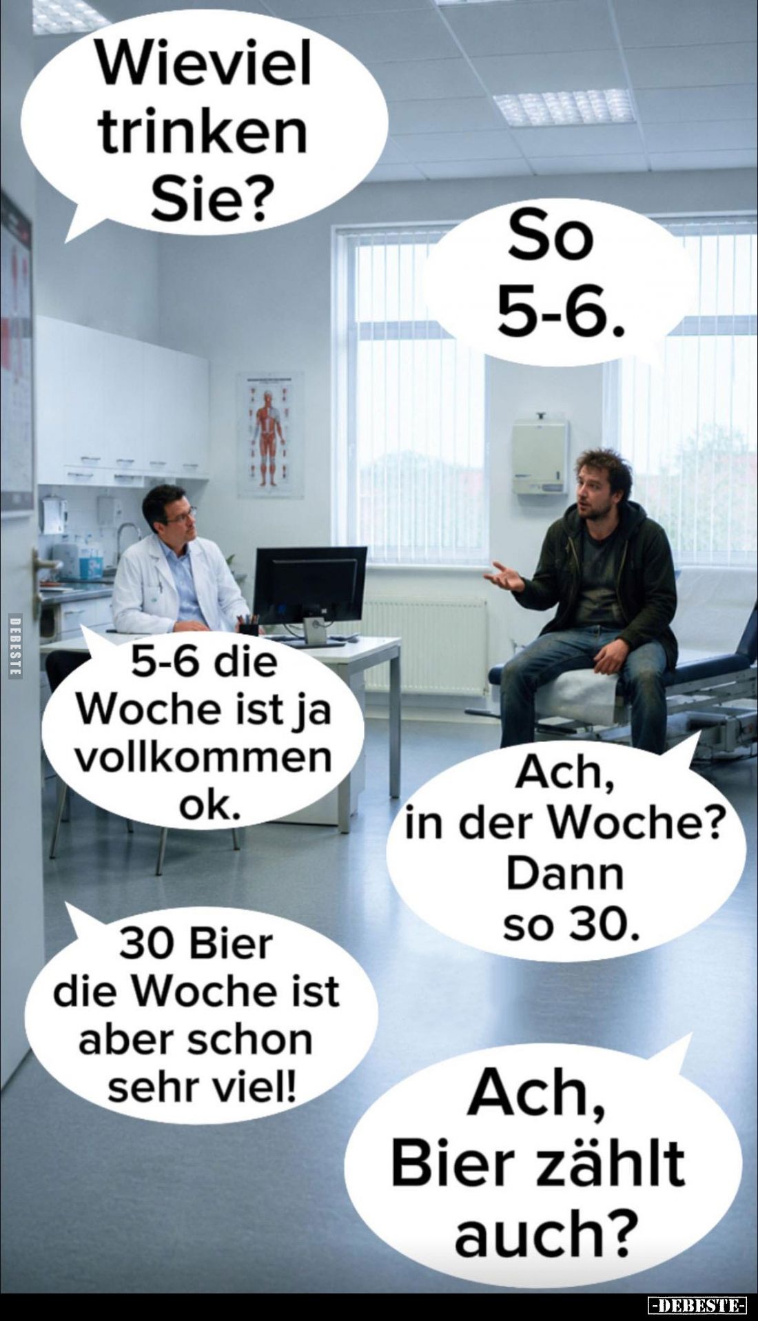 Wie viel trinken Sie? -
So 5-6. -
5-6 die Woche ist ja vollkommen ok. -
Ach, in der Woche? Dann so 30. -
30 Bier die Woch...