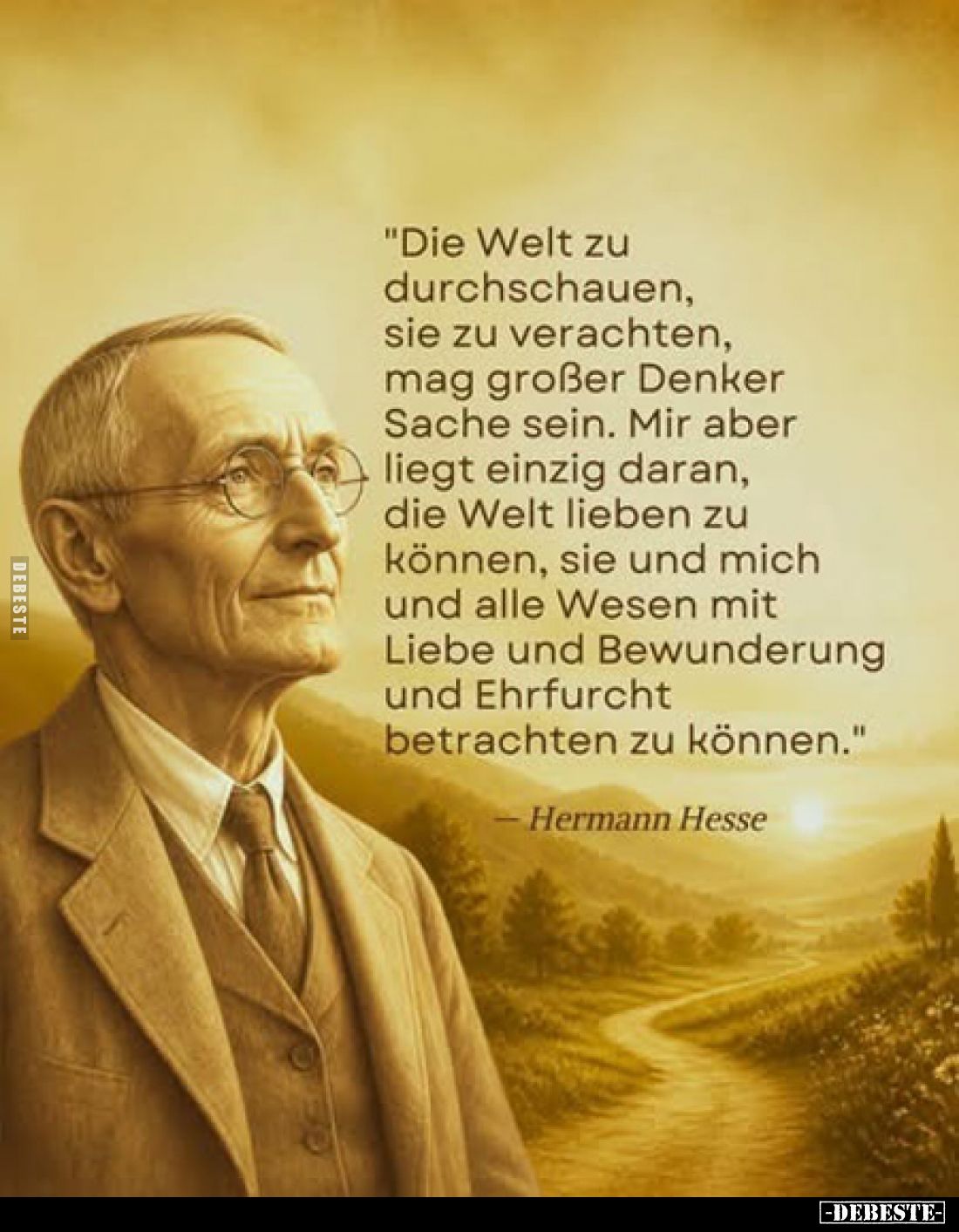"Die Welt zu durchschauen, sie zu verachten, mag großer Denker Sache sein. Mir aber liegt einzig daran, die Welt lieben ...