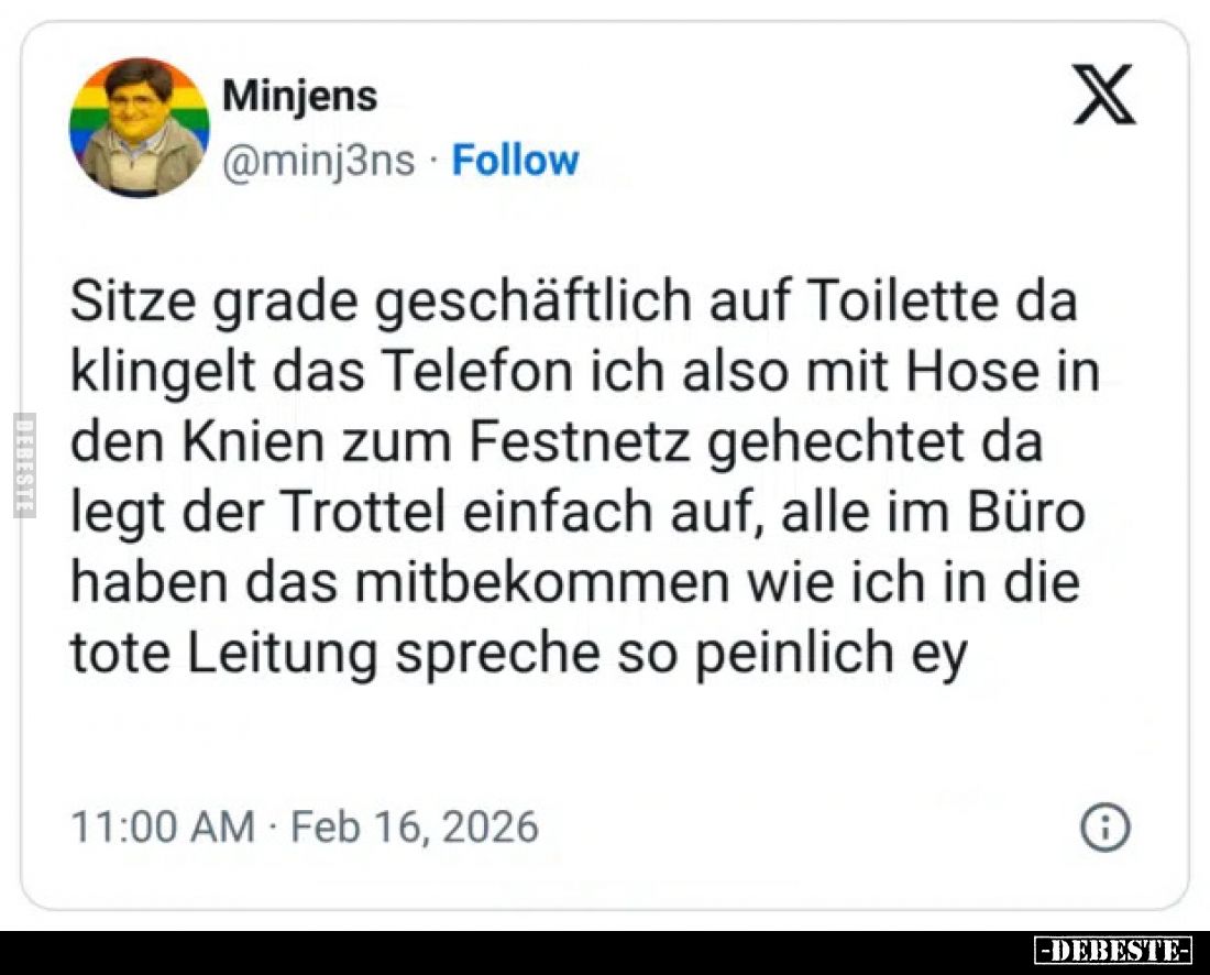 Sitze grade geschäftlich auf Toilette da klingelt das Telefon ich also mit Hose in den Knien zum Festnetz gehechtet da legt d...