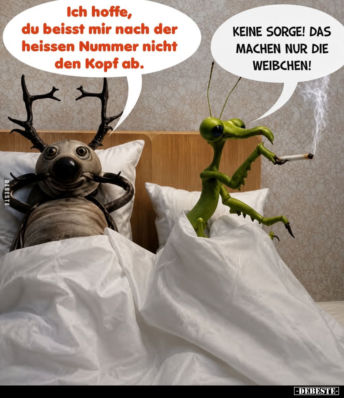 Ich hoffe, du beisst mir nach der heissen Nummer nicht den Kopf ab.
KEINE SORGE! DAS MACHEN NUR DIE WEIBCHEN!