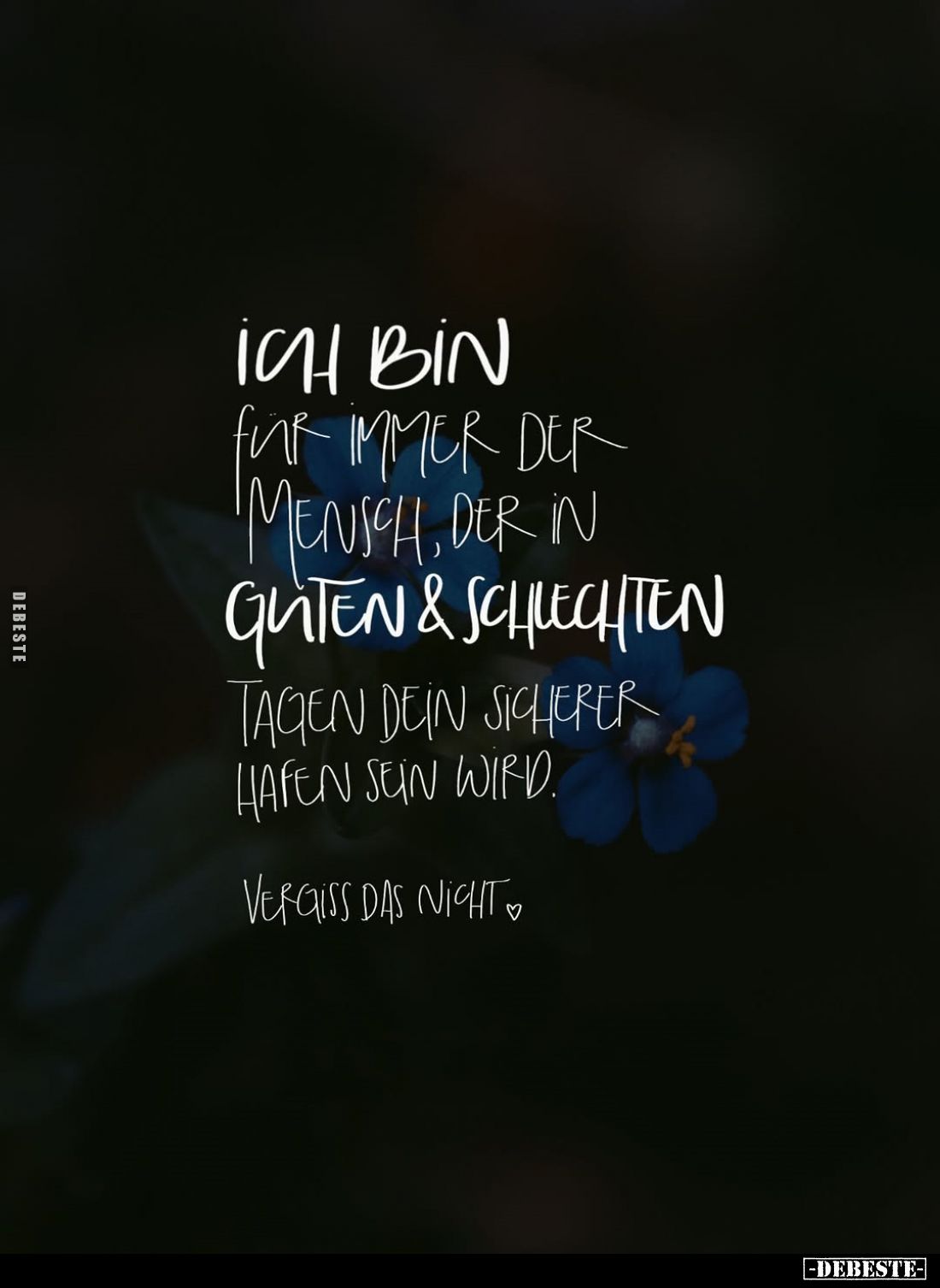 Ich bin für immer der Mensch, der in guten und schlechten Tagen dein sicherer Hafen sein wird.
Vergiss das nicht.