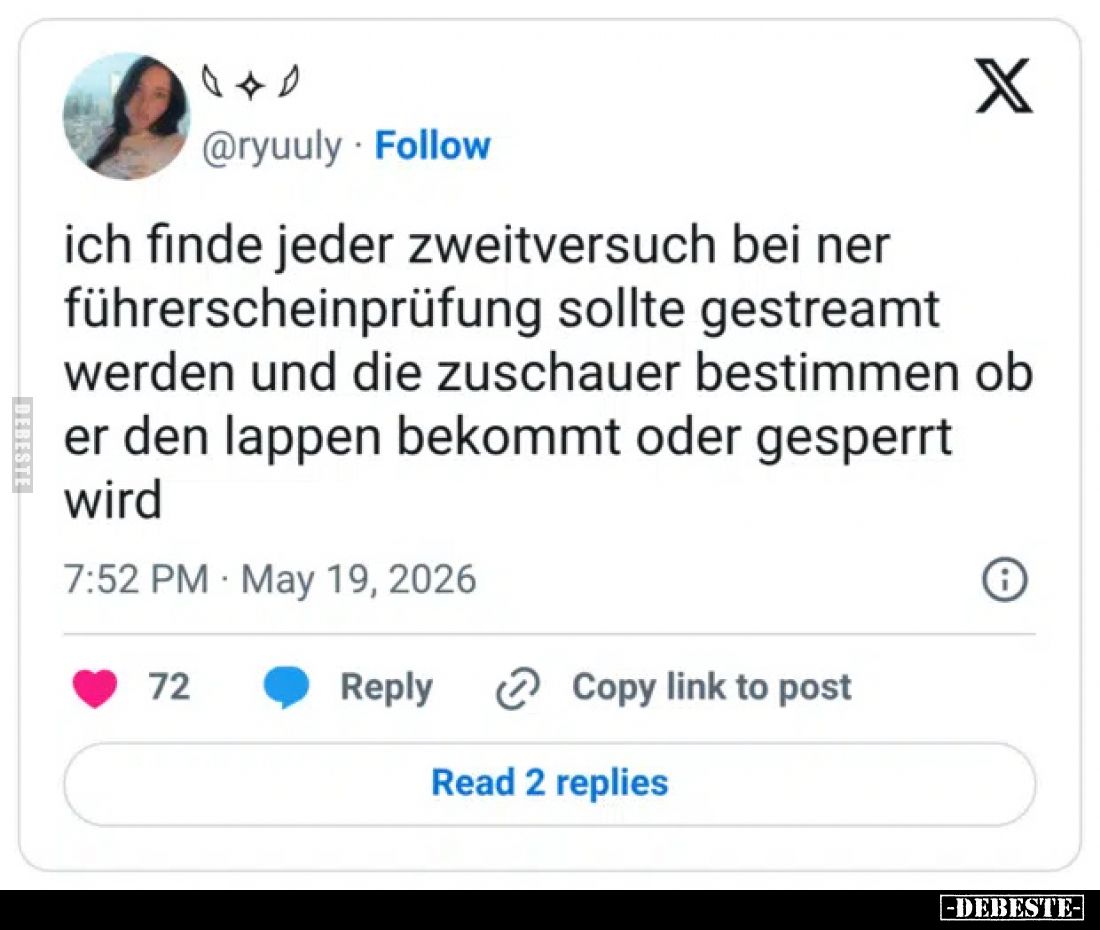 Ich finde jeder Zweitversuch bei ner Führerscheinprüfung sollte gestreamt werden und die Zuschauer bestimmen ob er den Lappen...