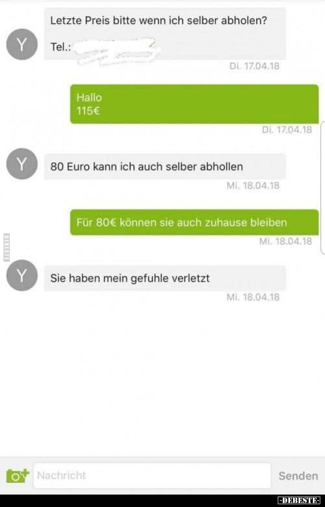 Letzte Preis bitte wenn ich selber abholen?
-
Hallo 115€.
-
80 Euro kann ich auch selber abhollen.
-
Für 80€ können sie...