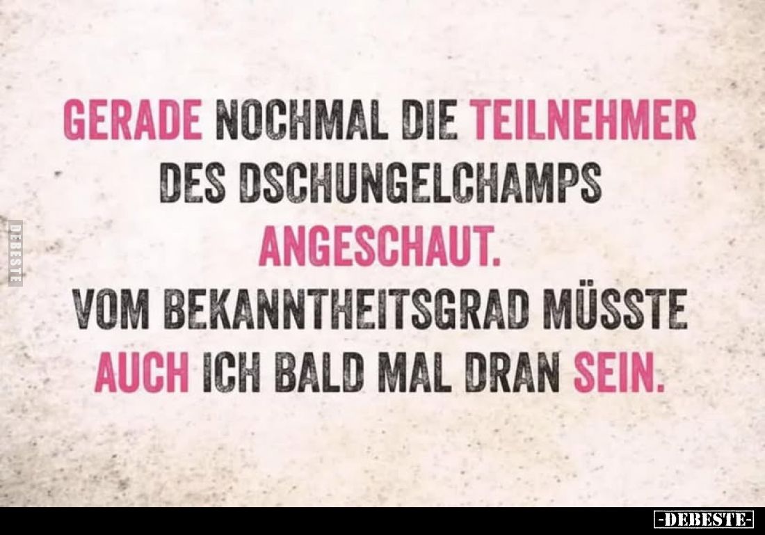 Gerade nochmal die Teilnehmer des Dschungelchamps angeschaut.
Vom Bekanntheitsgrad müsste auch ich bald mal dran sein.