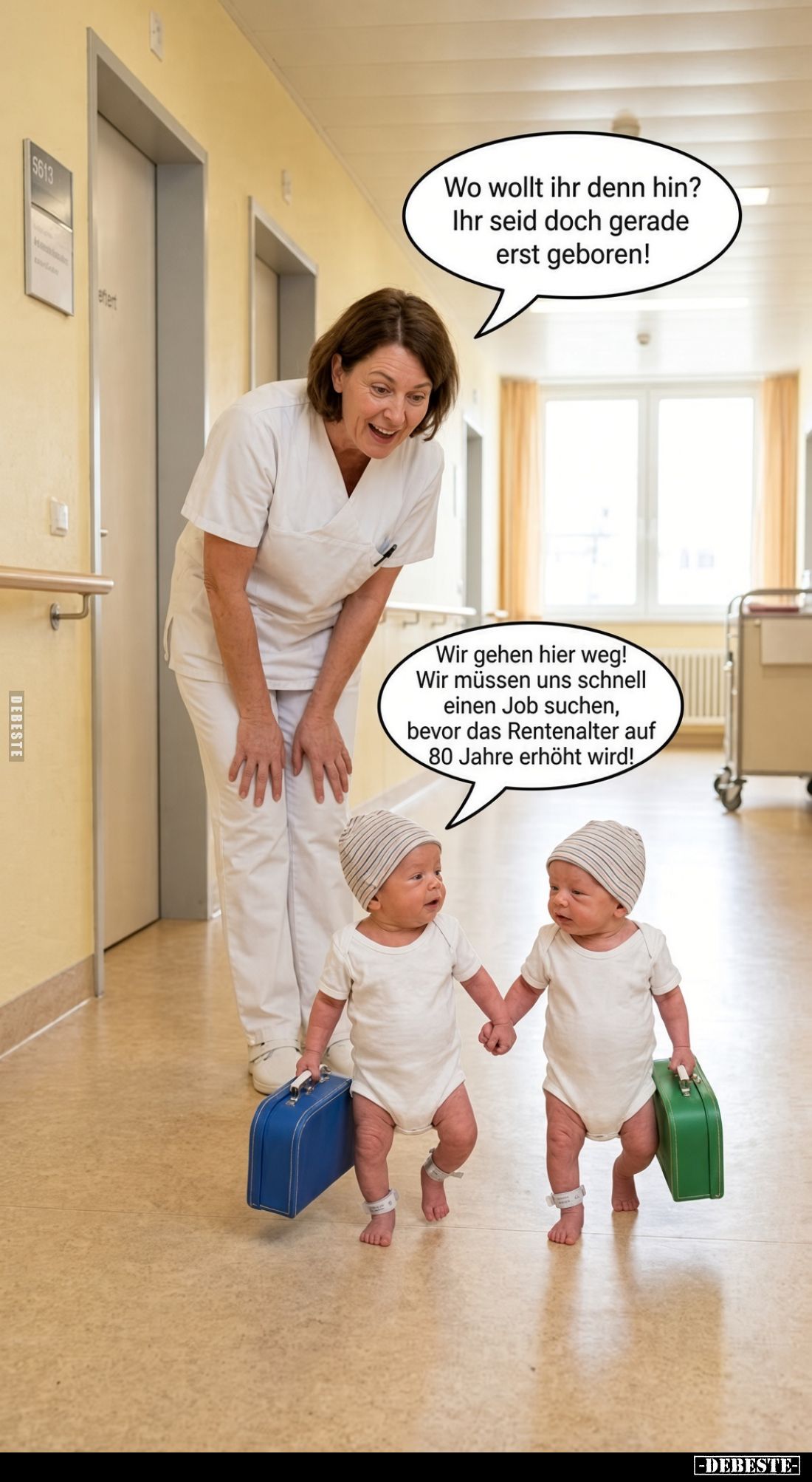 Wo wollt ihr denn hin? Ihr seid doch gerade erst geboren!
Wir gehen hier weg! Wir müssen uns schnell einen Job suchen, bevor...