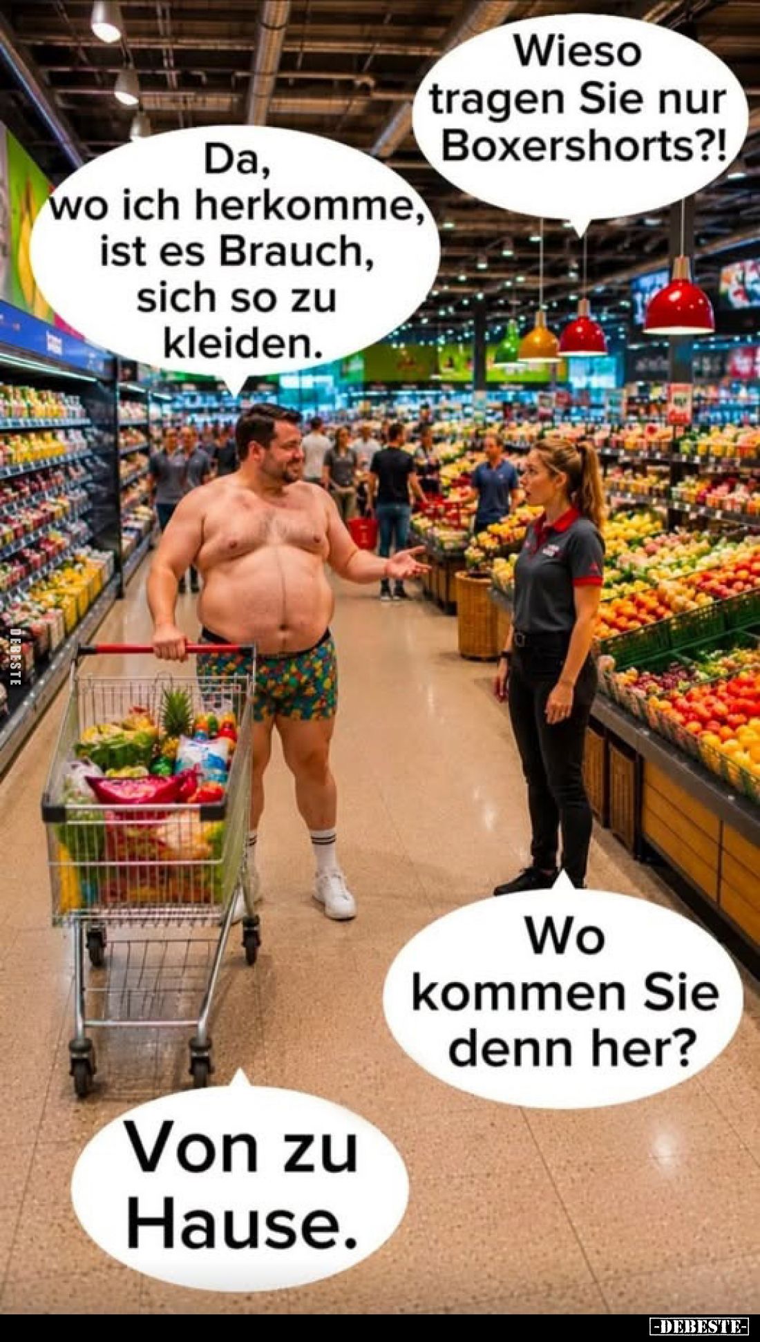 Wieso tragen Sie nur Boxershorts?! -
Da, wo ich herkomme, ist es Brauch, sich so zu kleiden. -
Wo kommen Sie denn her? -
V...