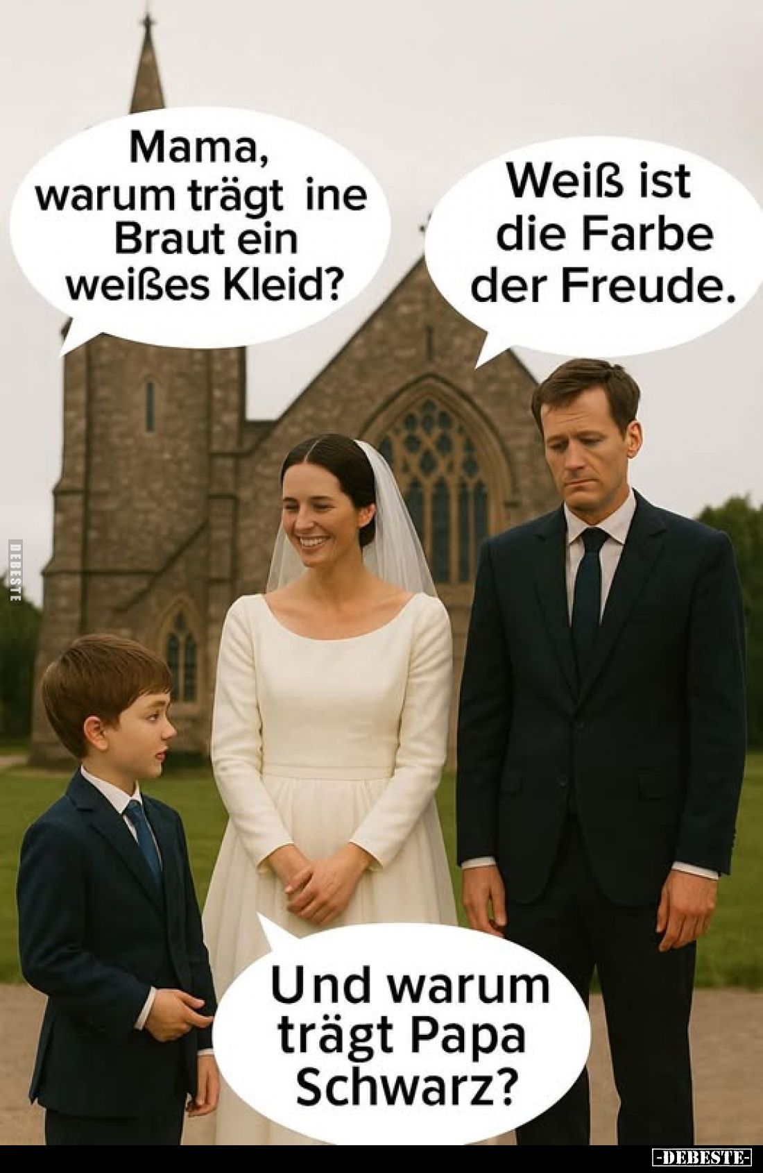 Mama, warum trägt ine Braut ein weißes Kleid?
-
Weiß ist die Farbe der Freude.
-
Und warum trägt Papa schwarz?