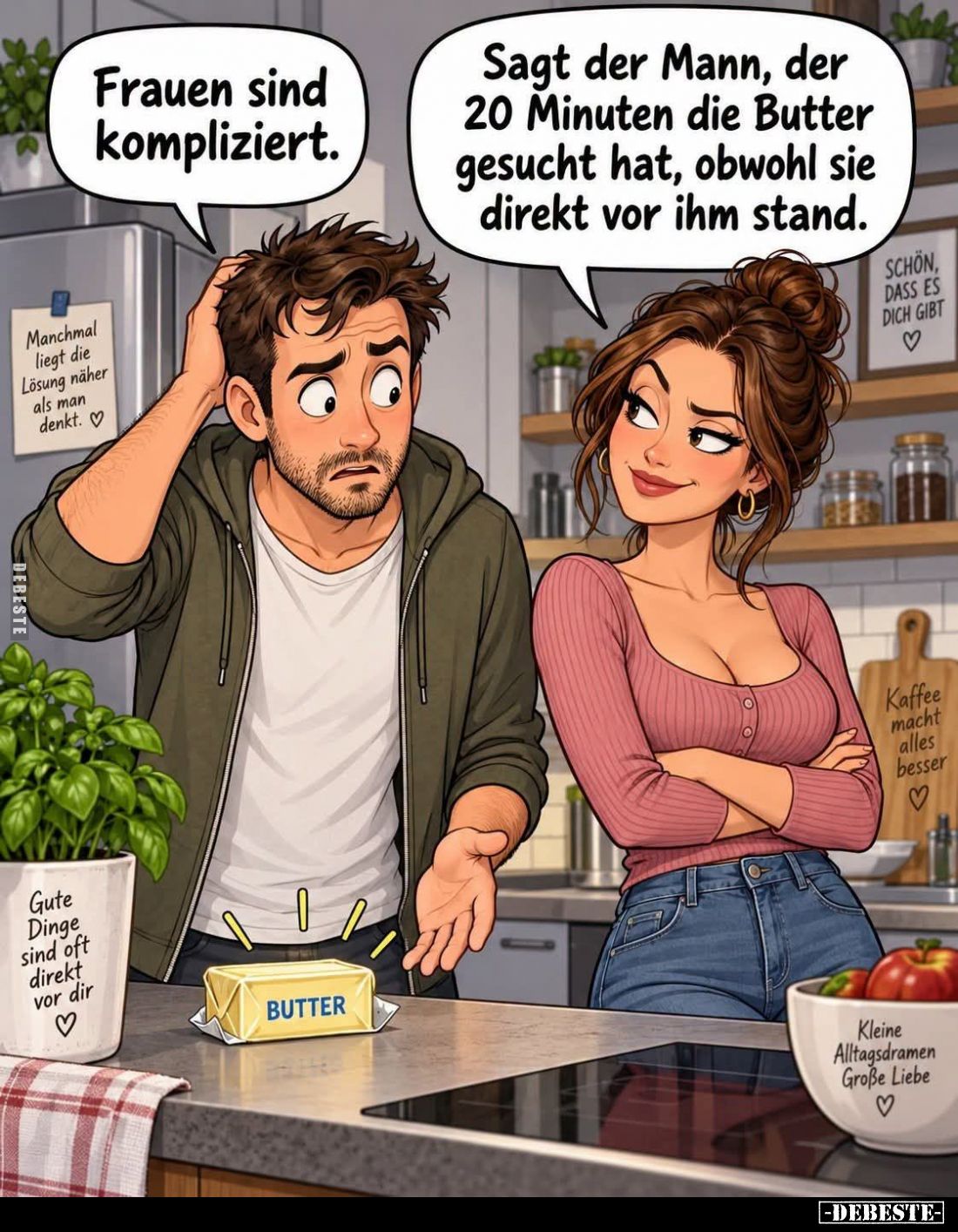 Frauen sind kompliziert. -
Manchmal liegt die Lösung näher als man denkt.
Sagt der Mann, der 20 Minuten die Butter gesucht ...