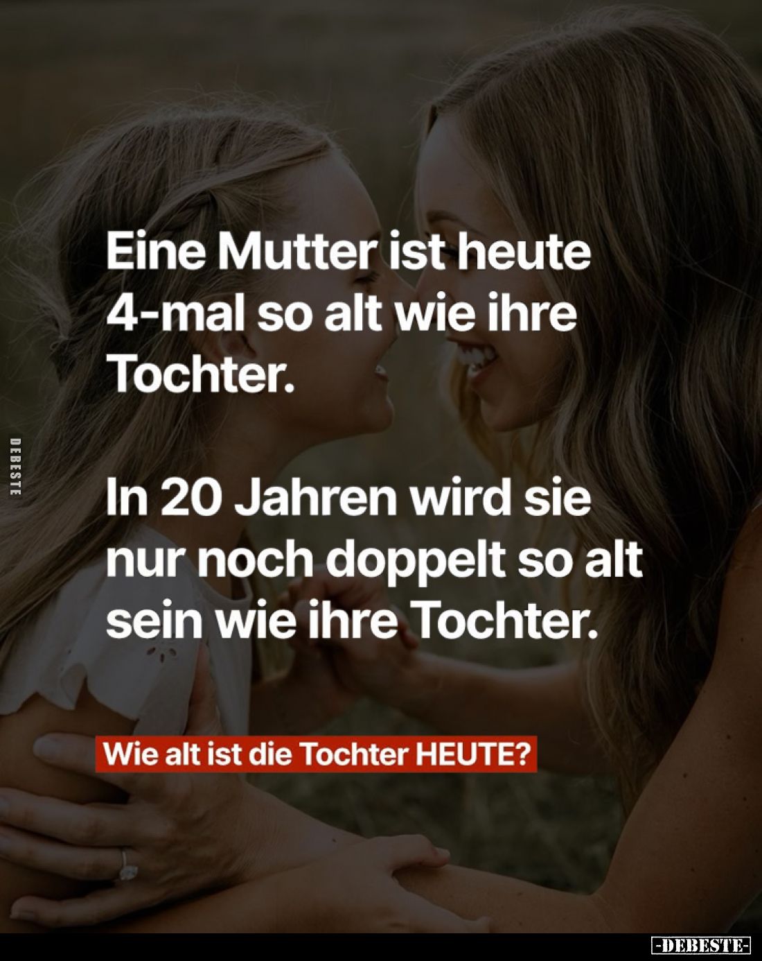 Eine Mutter ist heute 4-mal so alt wie ihre Tochter.
In 20 Jahren wird sie nur noch doppelt so alt sein wie ihre Tochter.
W...