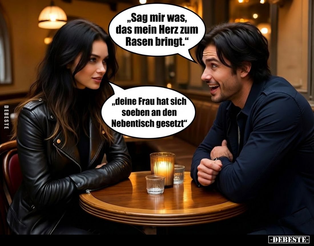"Sag mir was, das mein Herz zum Rasen bringt." -
"Deine Frau hat sich soeben an den Nebentisch gesetzt."