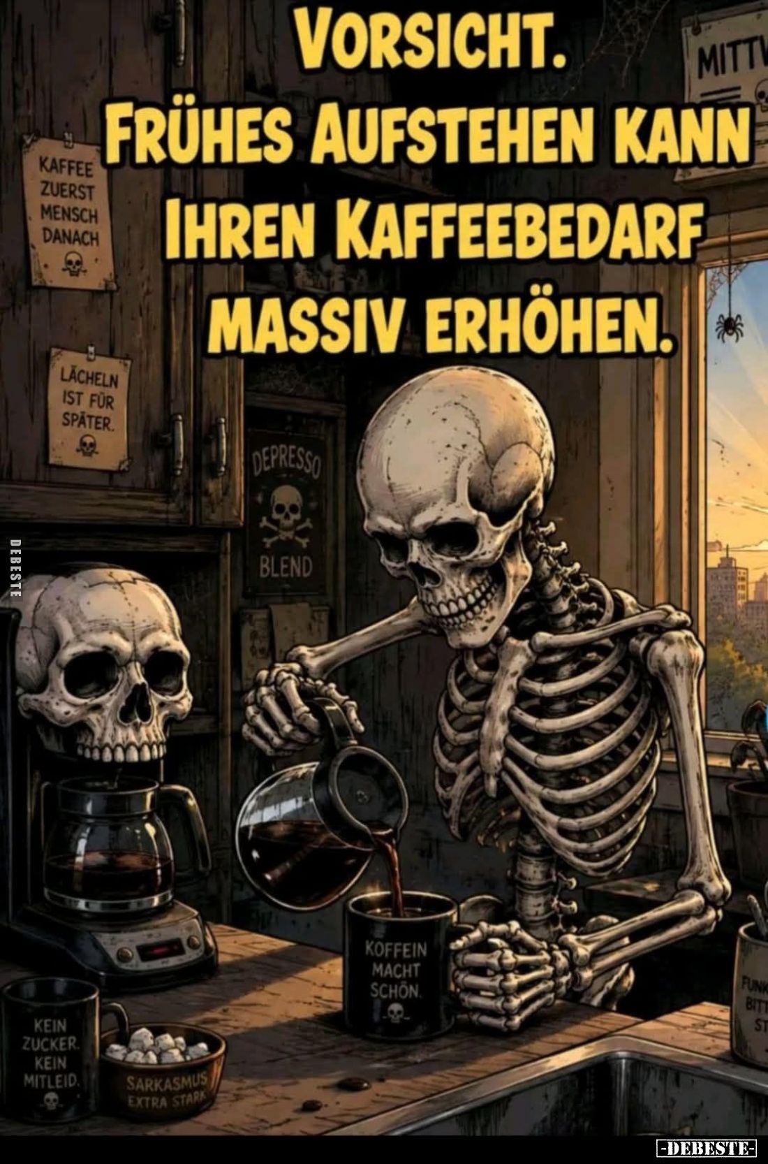 Vorsicht.
Frühes aufstehen kann
ihren Kaffeebedarf massiv erhöhen.