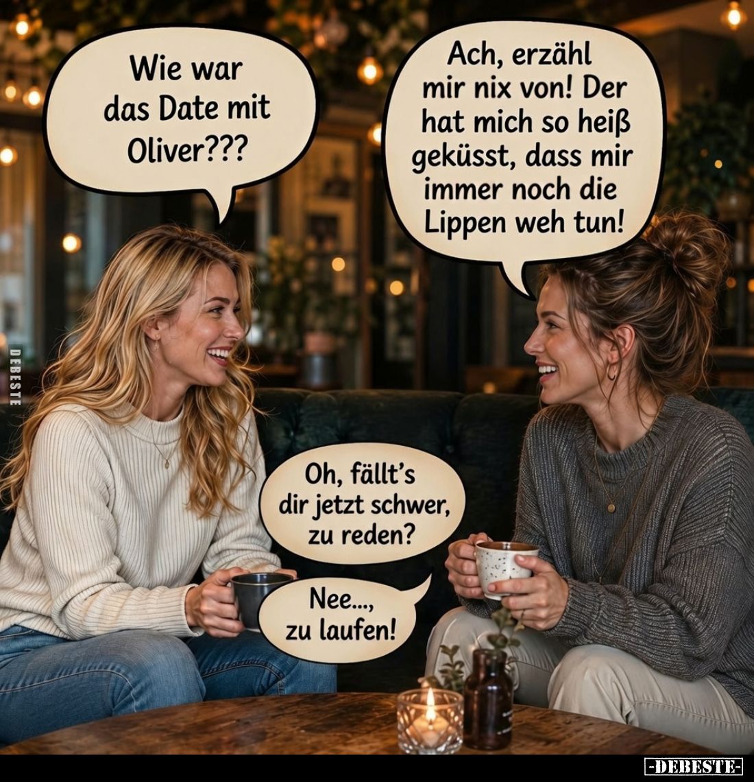 Wie war das Date mit Oliver??? -
Ach, erzähl mir nix von! Der hat mich so heiß geküsst, dass mir immer noch die Lippen weh t...