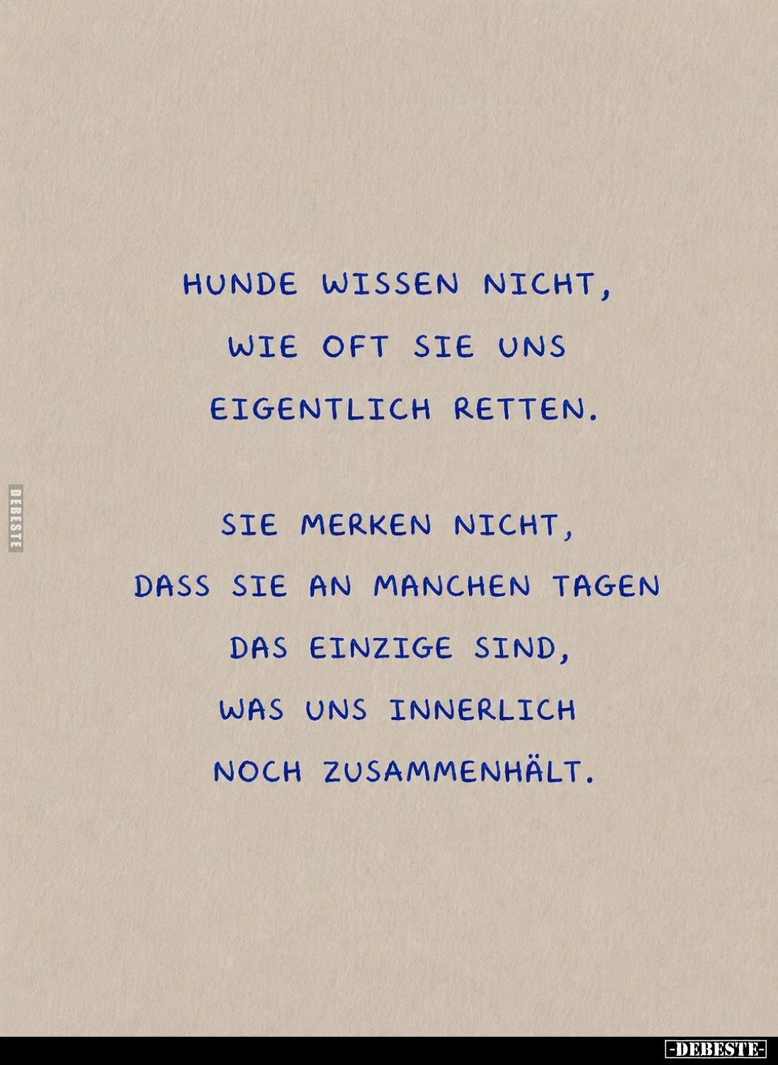 Hunde wissen nicht, wie oft sie uns eigentlich retten.
Sie merken nicht, dass sie an manchen Tagen das einzige sind, was uns...