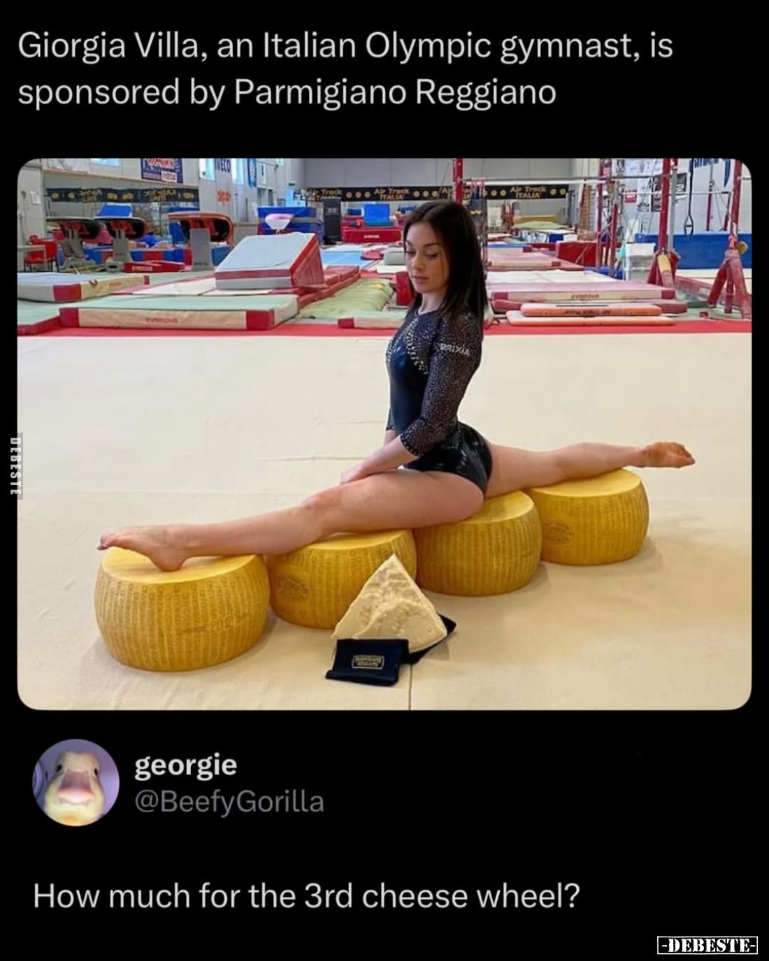 Giorgia Villa, an Italian Olympic gymnast, is sponsored by Parmigiano Reggiano - How much for the 3rd cheese wheel?