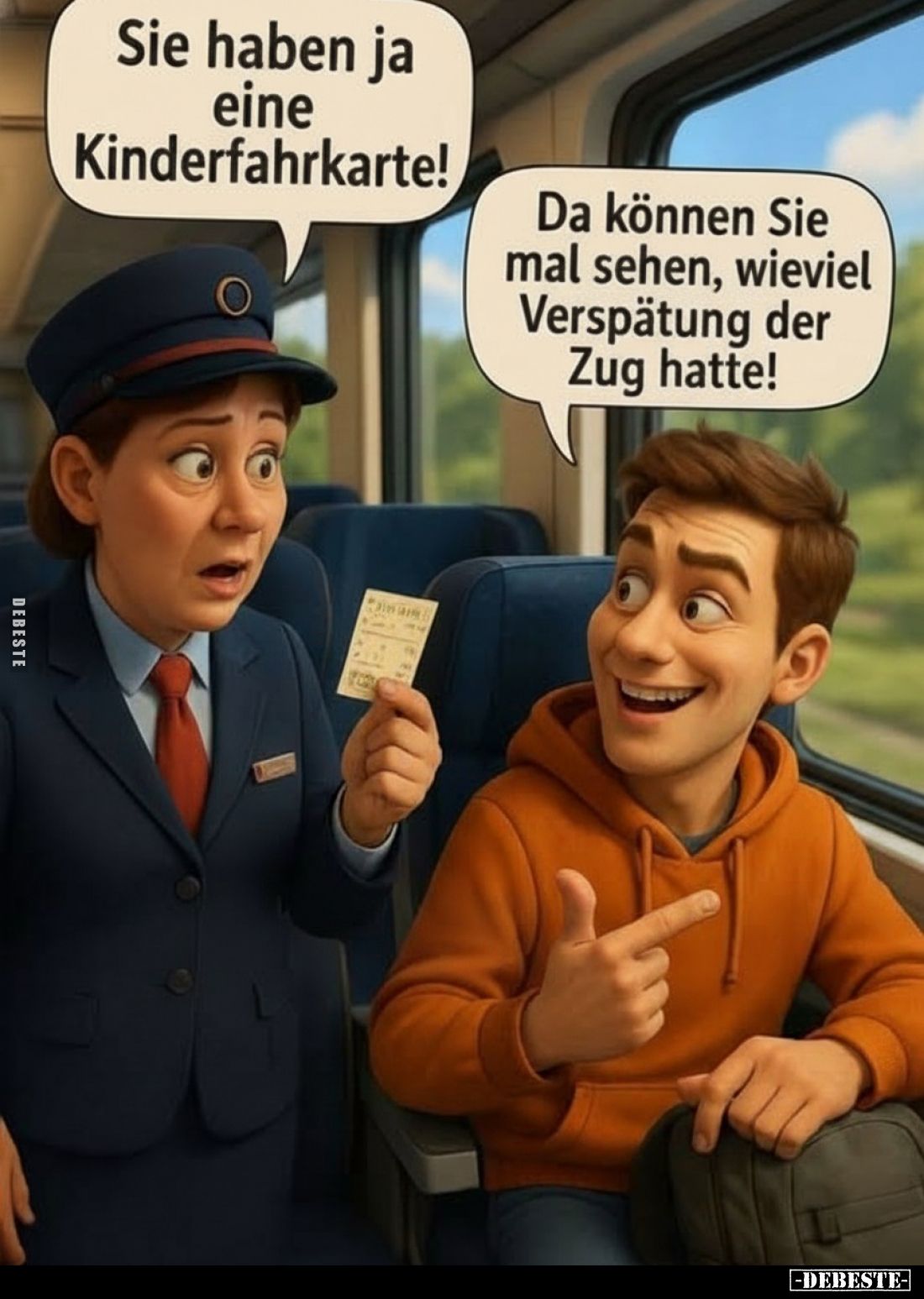 Sie haben ja eine Kinderfahrkarte!
Da können Sie mal sehen, wieviel Verspätung der Zug hatte!