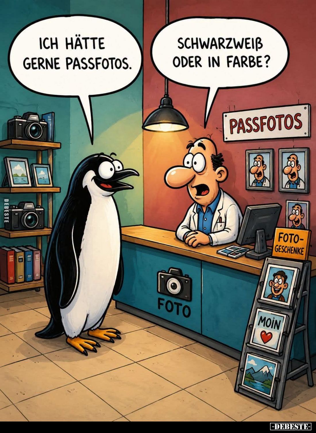 Ich hätte gerne Passfotos. -
Schwarzweiss oder in Farbe?