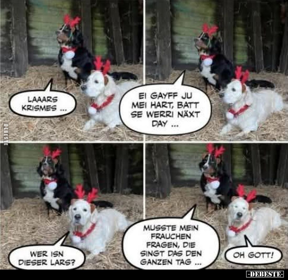 Laaars krismes. -
Ei gayff ju mei hart, batt se werri näxt day. -
Wer isn dieser Lars? -
- Musste mein Frauchen fragen, di...