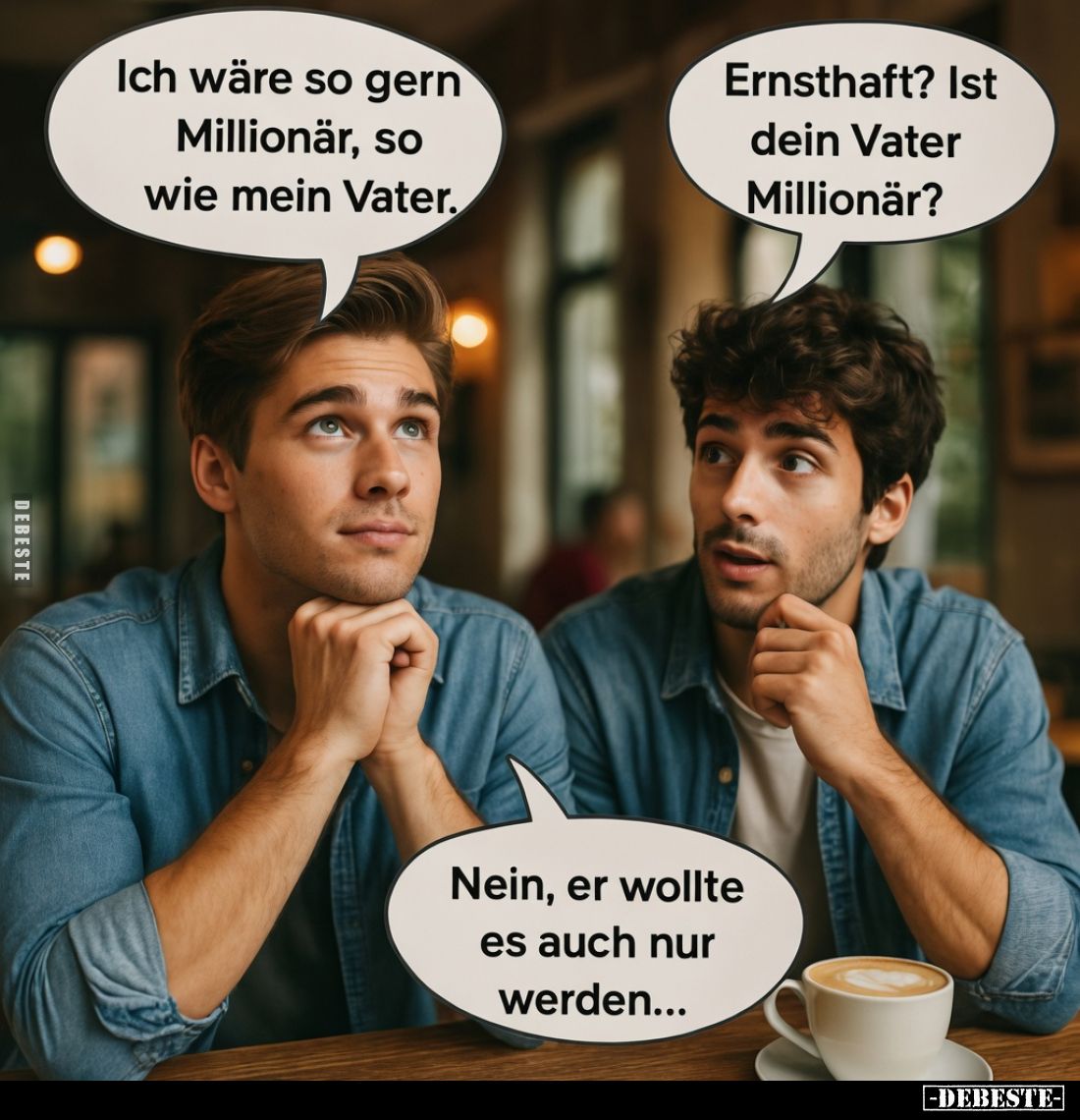 Ich wäre so gern Millionär, so wie mein Vater.
Ernsthaft? Ist dein Vater Millionär?
Nein, er wollte es auch nur werden...