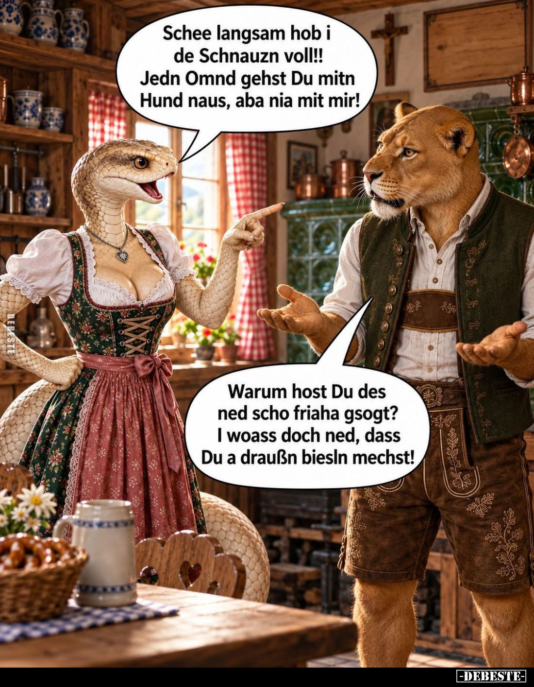 Schee langsam hob i de Schnauzn voll!! Jedn Omnd gehst Du mitn Hund naus, aba nia mit mir!