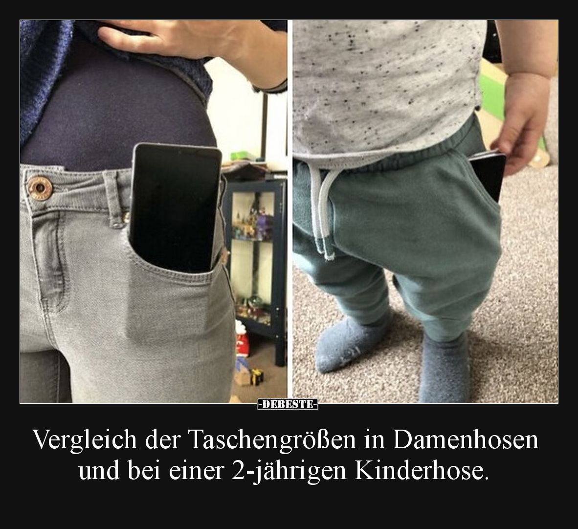 Vergleich der Taschengrößen in Damenhosen und bei einer 2-jährigen Kinderhose.