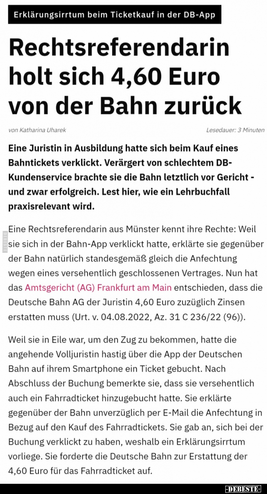 Rechtsreferendarin holt sich 4,60 Euro von der Bahn zurück