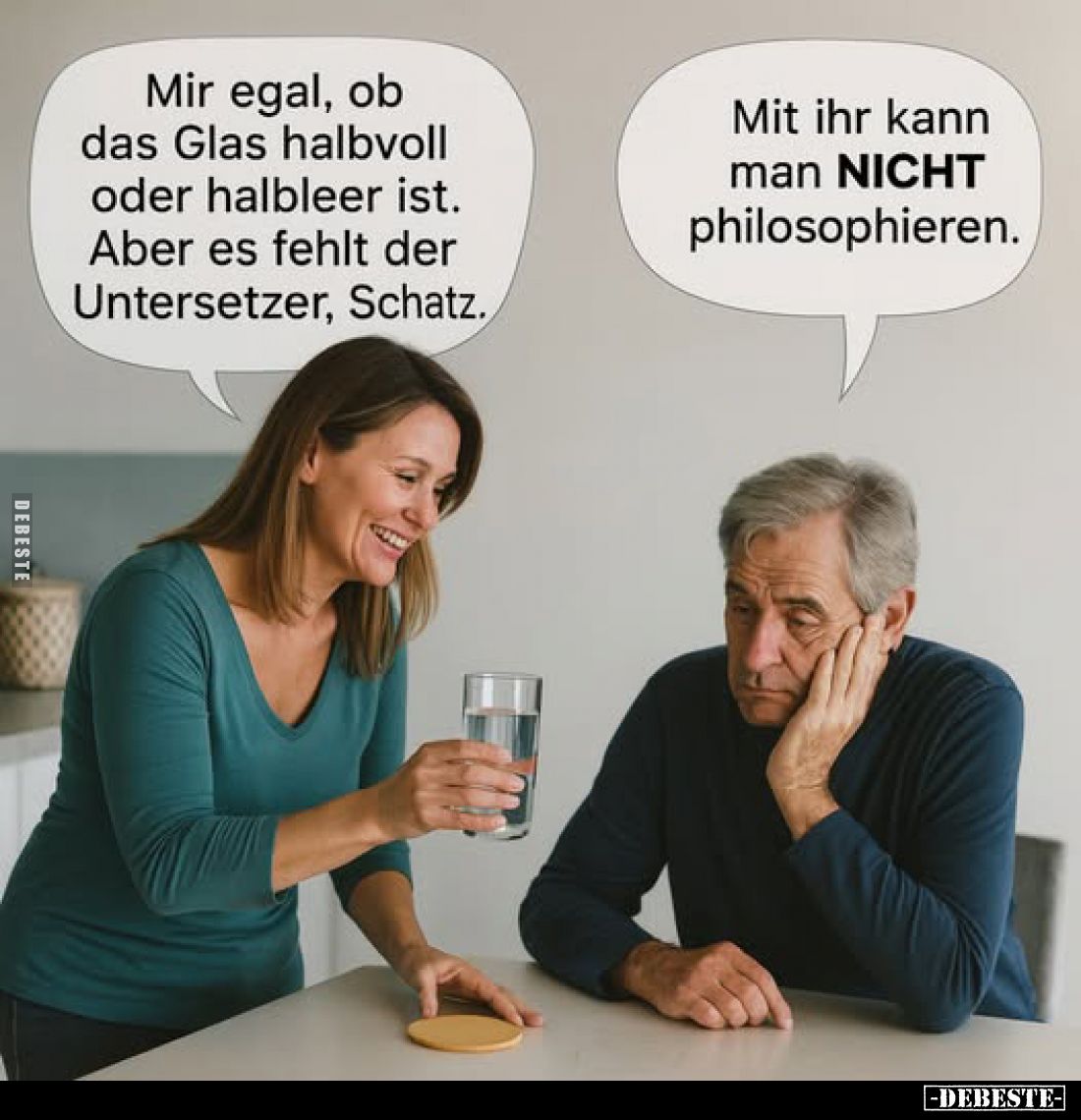 Mir egal, ob das Glas halbvoll oder halbleer ist. Aber es fehlt der Untersetzer, Schatz.

Mit ihr kann man NICHT philosophi...