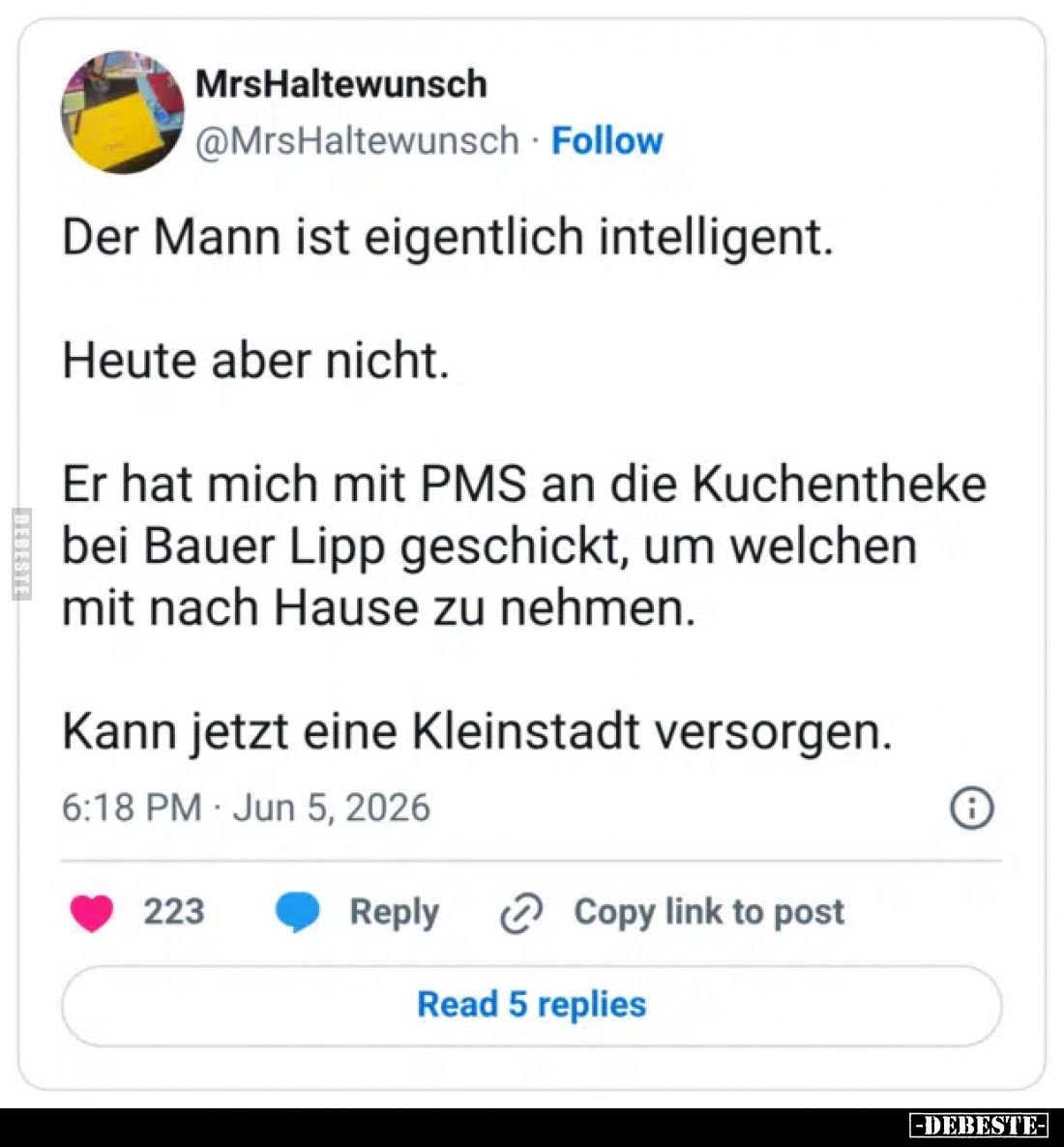 Der Mann ist eigentlich intelligent.
Heute aber nicht.
Er hat mich mit PMS an die Kuchentheke bei Bauer Lipp geschickt, um ...