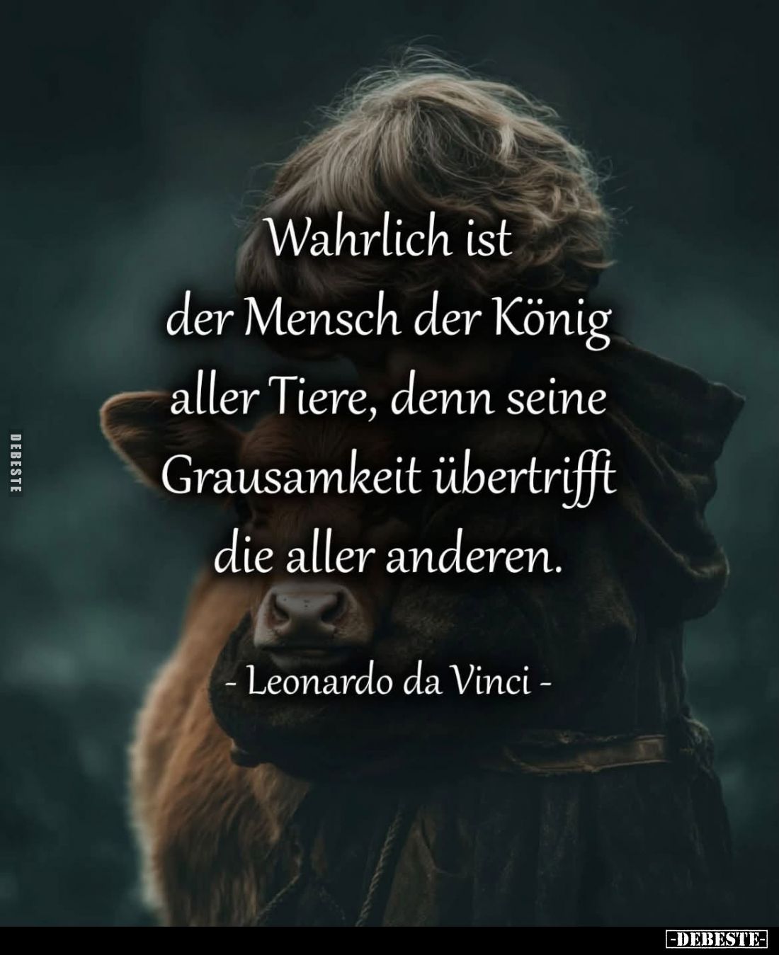 Wahrlich ist der Mensch der König aller Tiere, denn seine Grausamkeit übertrifft die aller anderen.