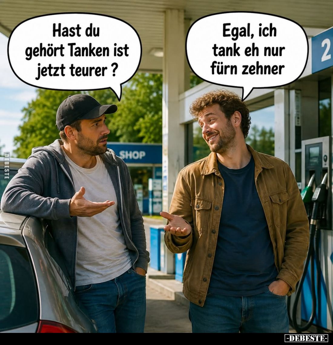 Hast du gehört Tanken ist jetzt teurer? -
Egal, ich tank eh nur fürn zehner.