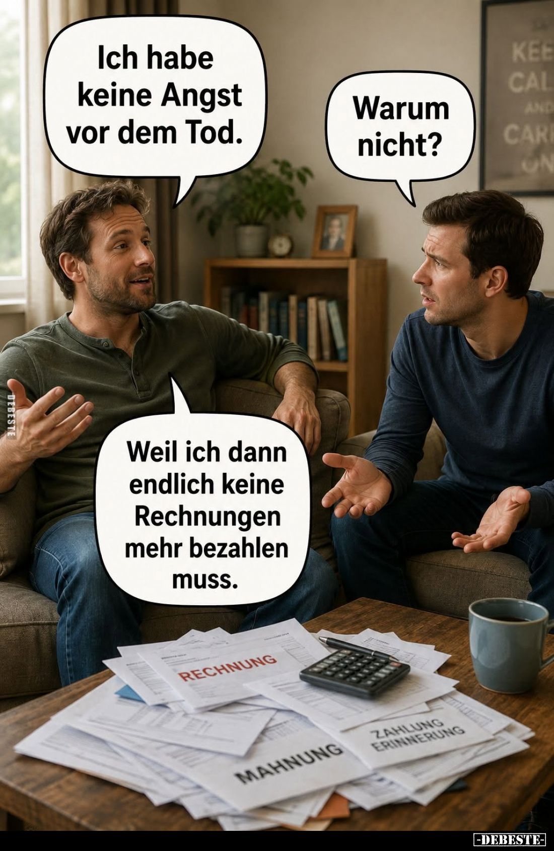 Ich habe keine Angst vor dem Tod. -
Warum nicht? -
Weil ich dann endlich keine Rechnungen mehr bezahlen muss.