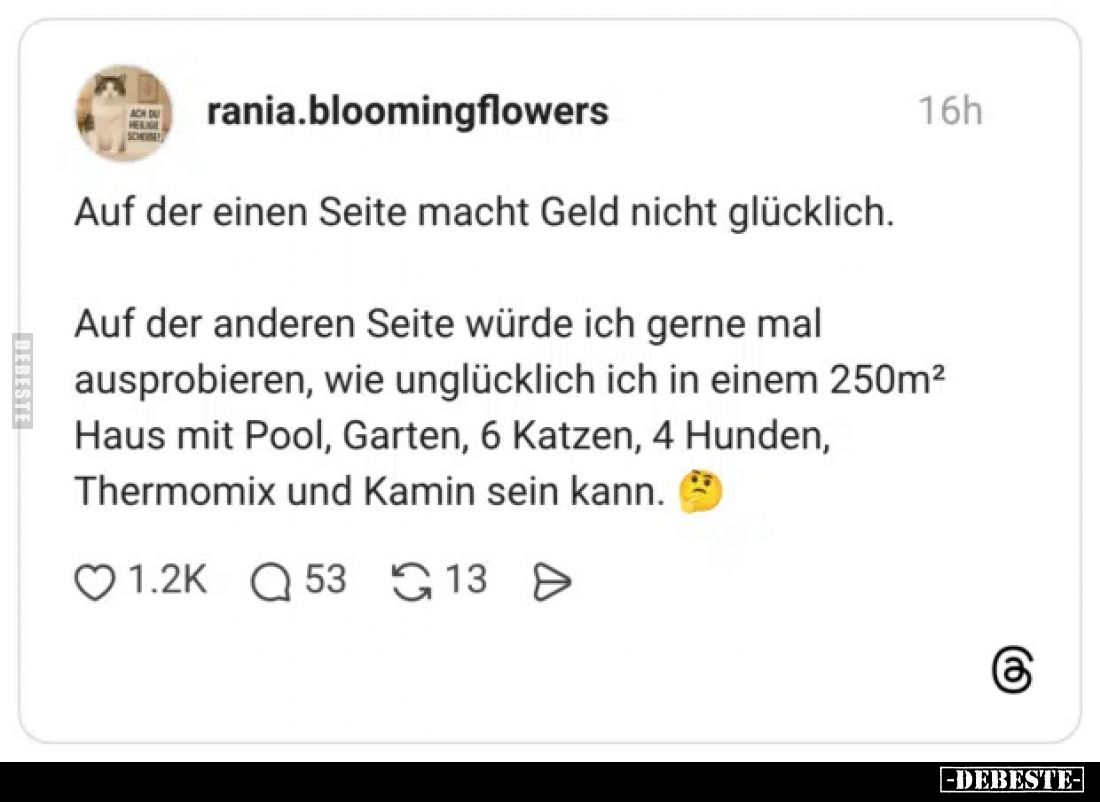 Auf der einen Seite macht Geld nicht glücklich.
Auf der anderen Seite würde ich gerne mal ausprobieren, wie unglücklich ich ...