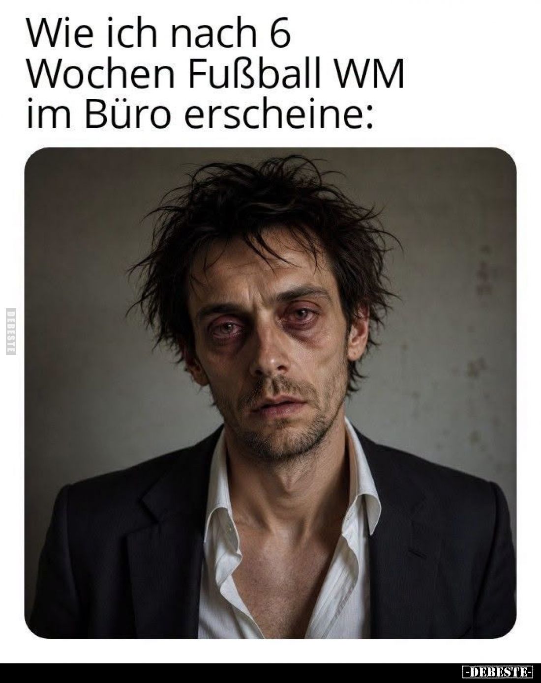 Wie ich nach 6
Wochen Fußball WM
im Büro erscheine: