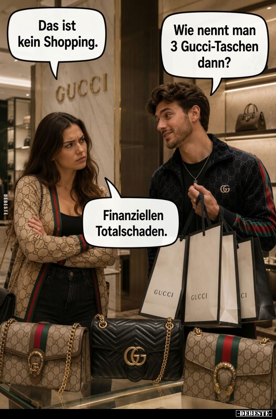 Das ist kein Shopping.
Wie nennt man 3 Gucci-Taschen dann?
Finanziellen Totalschaden.