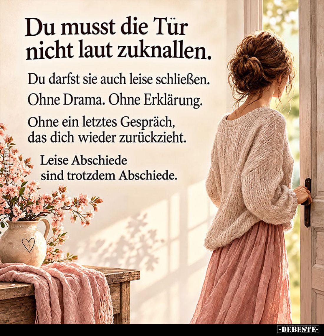 Du musst die Tür nicht laut zuknallen.
Du darfst sie auch leise schließen. Ohne Drama. Ohne Erklärung.
Ohne ein letztes Ges...