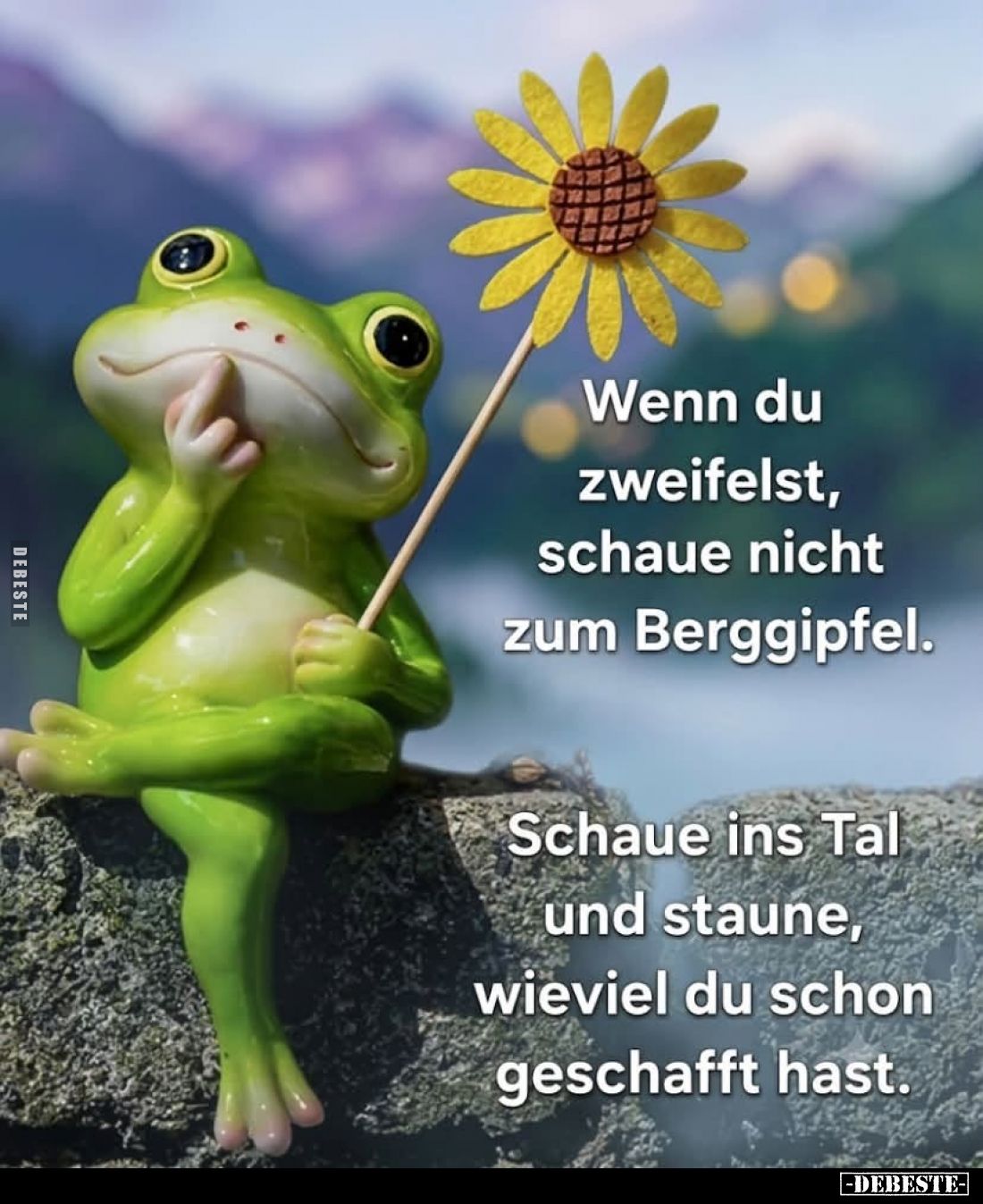 Wenn du zweifelst, schaue nicht zum Berggipfel.
Schaue ins Tal und staune, wie viel du schon geschafft hast.