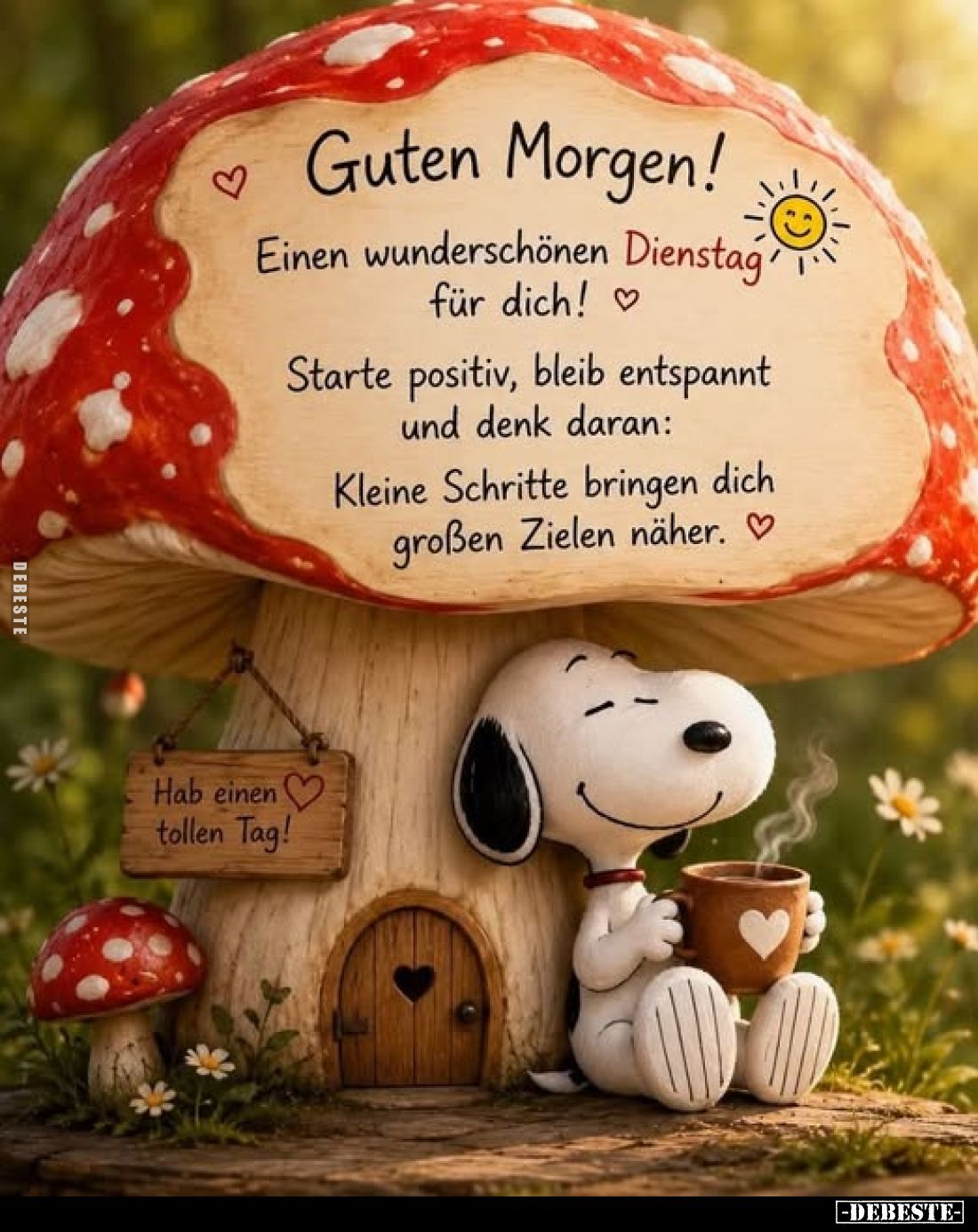 Guten Morgen!
Einen wunderschönen Dienstag für dich!
Starte positiv, bleib entspannt und denk daran:
Kleine Schritte bring...