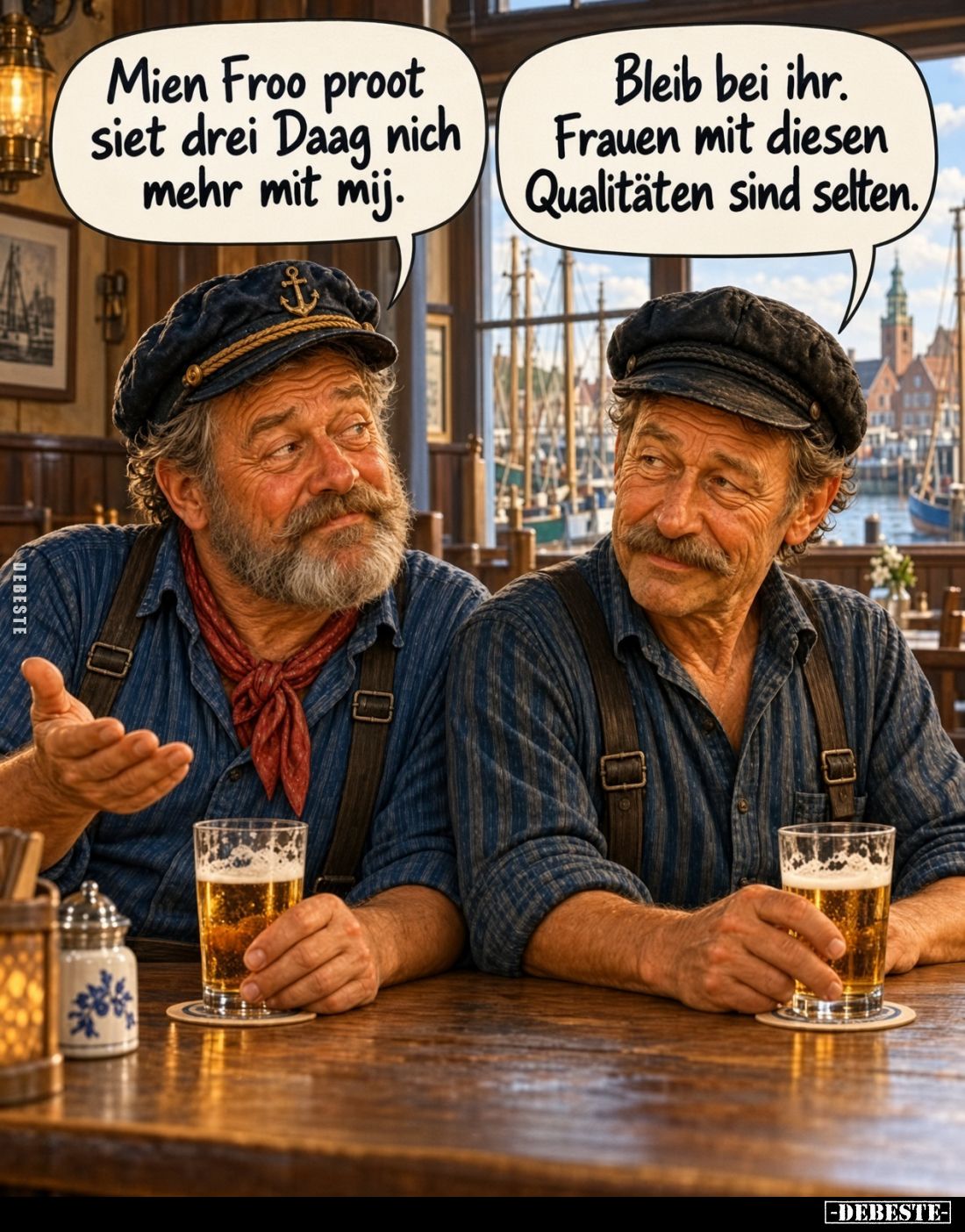 Mien Froo proot siet drei Daag nich mehr mit mij.
Bleib bei ihr. Frauen mit diesen Qualitäten sind selten.