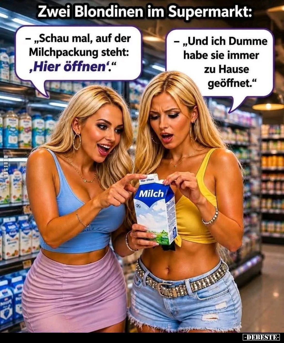 Zwei Blondinen im Supermarkt:
- Schau mal, auf der Milchpackung steht: "Hier öffnen".
- Und ich Dumme habe sie im...